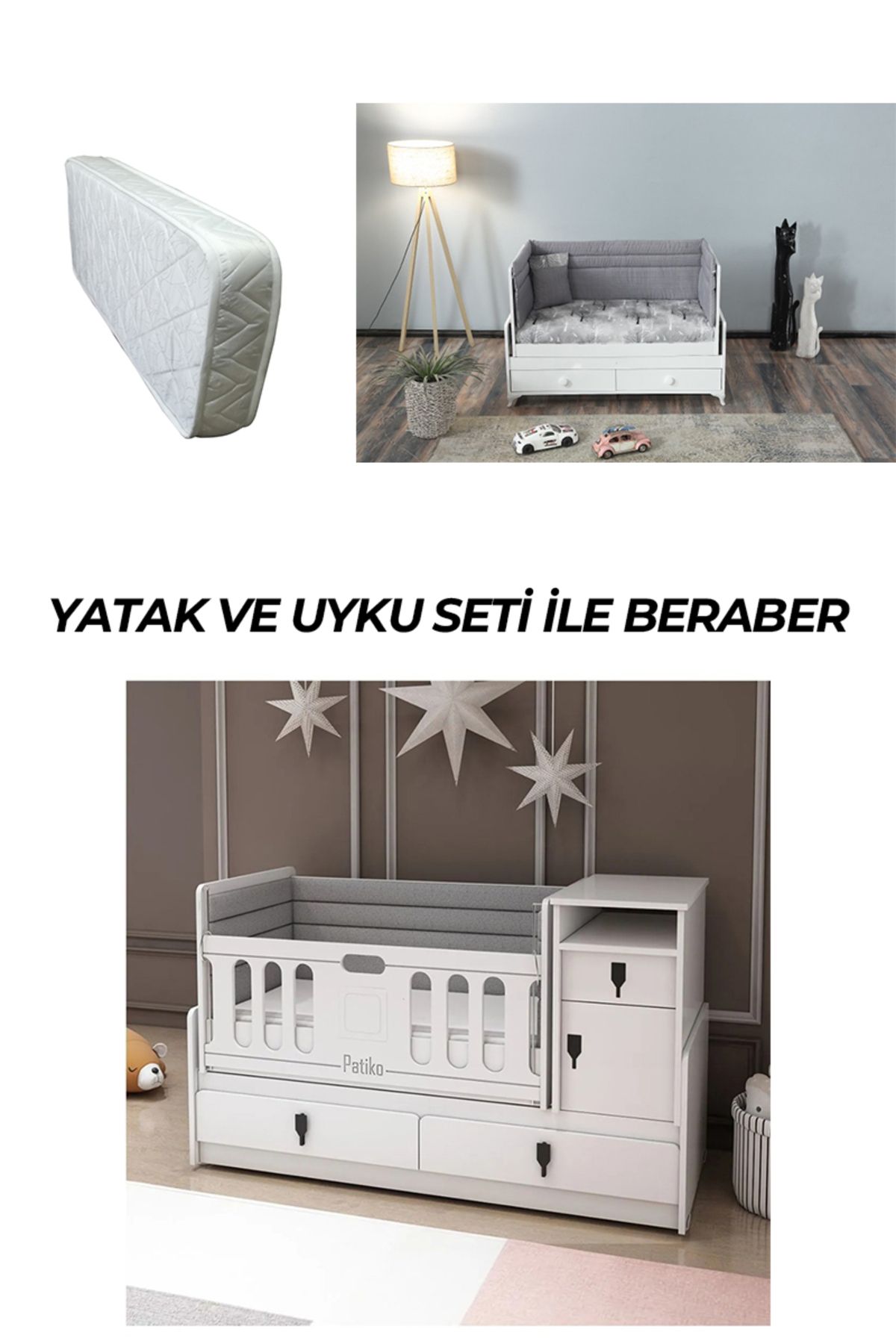 PATİKO FURNİTURE R 131 BEYAZ BÜYÜYEBİLEN BEŞİK YATAK VE UYKU SETİ İLE BİRLKİKTE