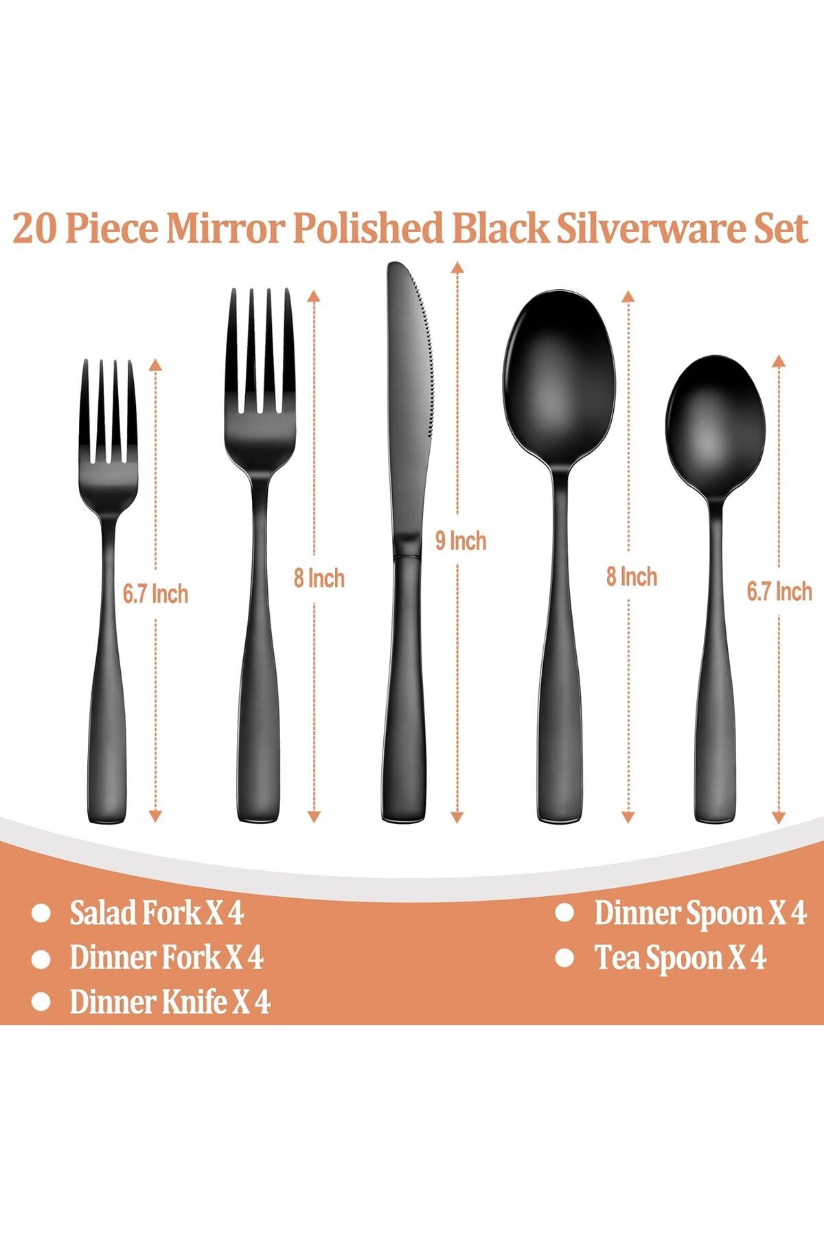 COOYA-20 Pcs Black Silverware Set, Food-Grade Stainless Steel Flatware, for Kitchen 2