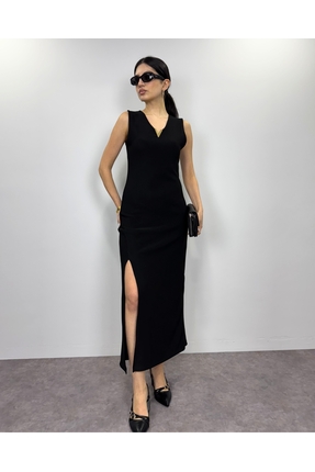 deqfashion Siyah Sıfır Kol V Aksesuarlı Yırtmaçlı Midi Boy Elbise