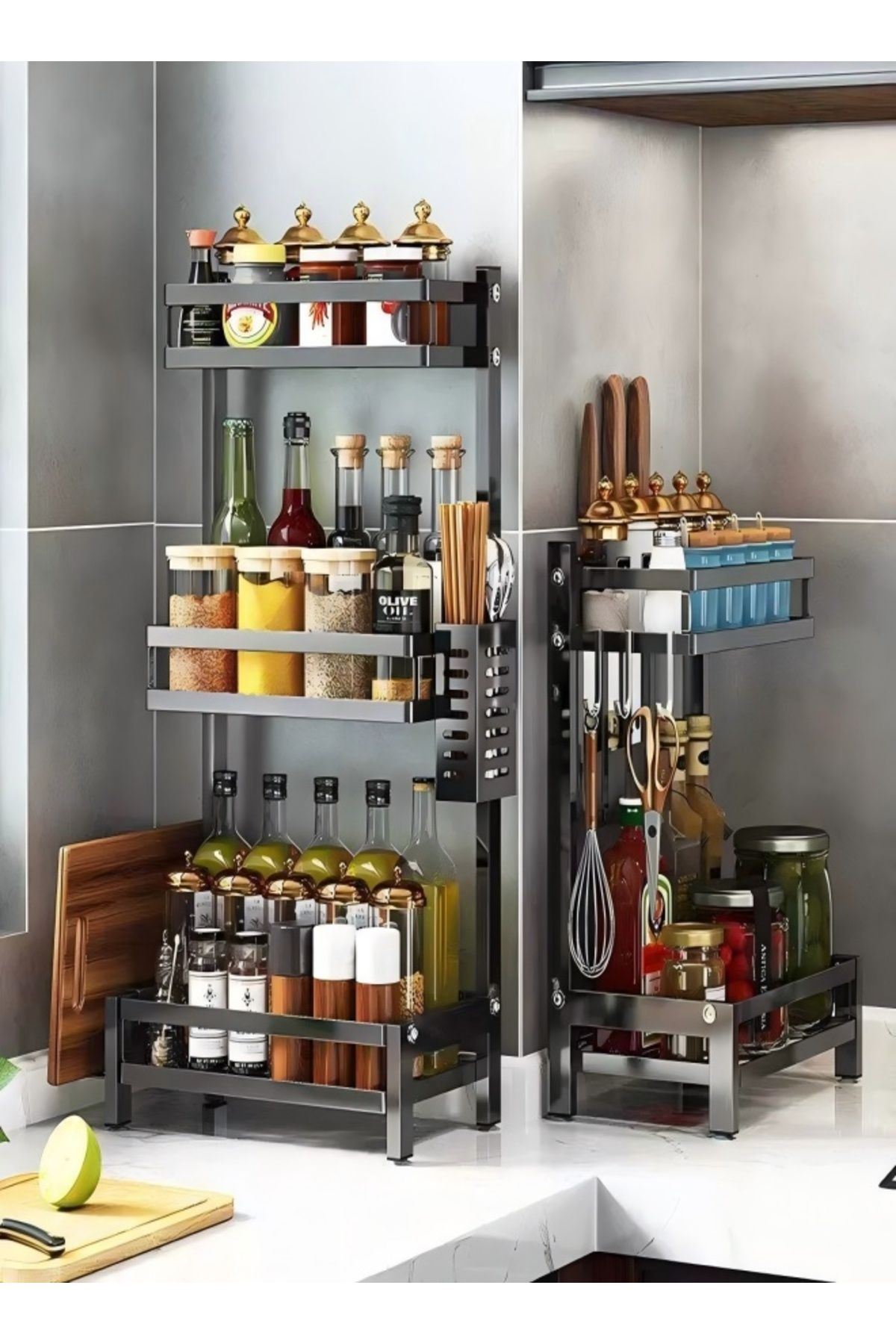 COOYA-Spice Rack Shelf Kitchen Organizer 3-Tier, Large Metal Standing Seasoning Jar with Hooks 4