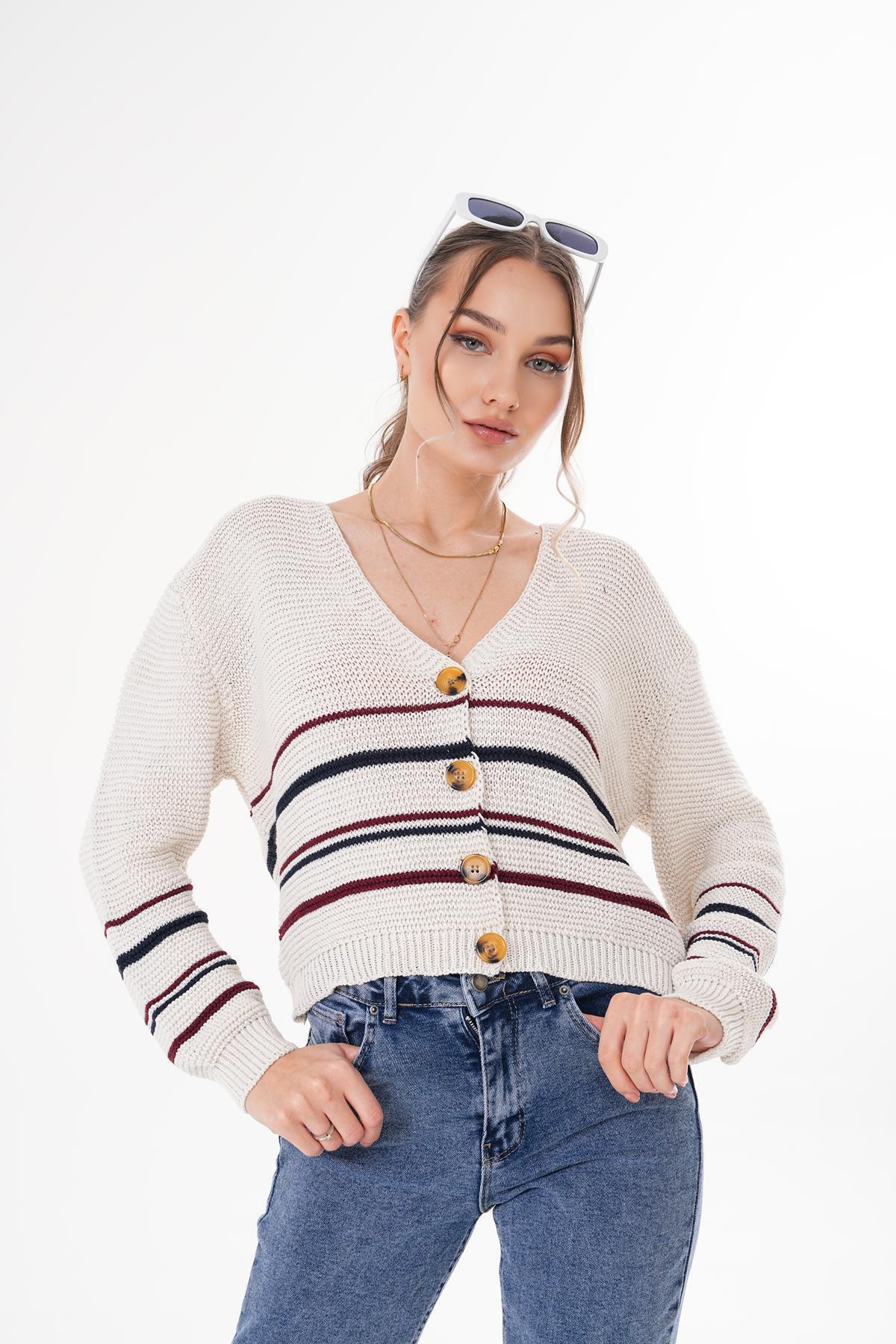 ŞİMAL-Women's Stripe Patterned Button Closure Knitwear Knitted Cardigan 250393   - 3