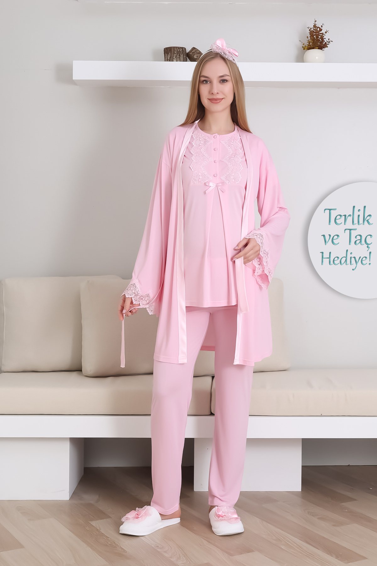 ERDENİZ TEKSTİL Hamile Kısa Kol Pijama ve Uzun Kol Sabahlık Takım/ Düğme Dantel Yaka ve Kol / Terlik ve Taç Hediyeli