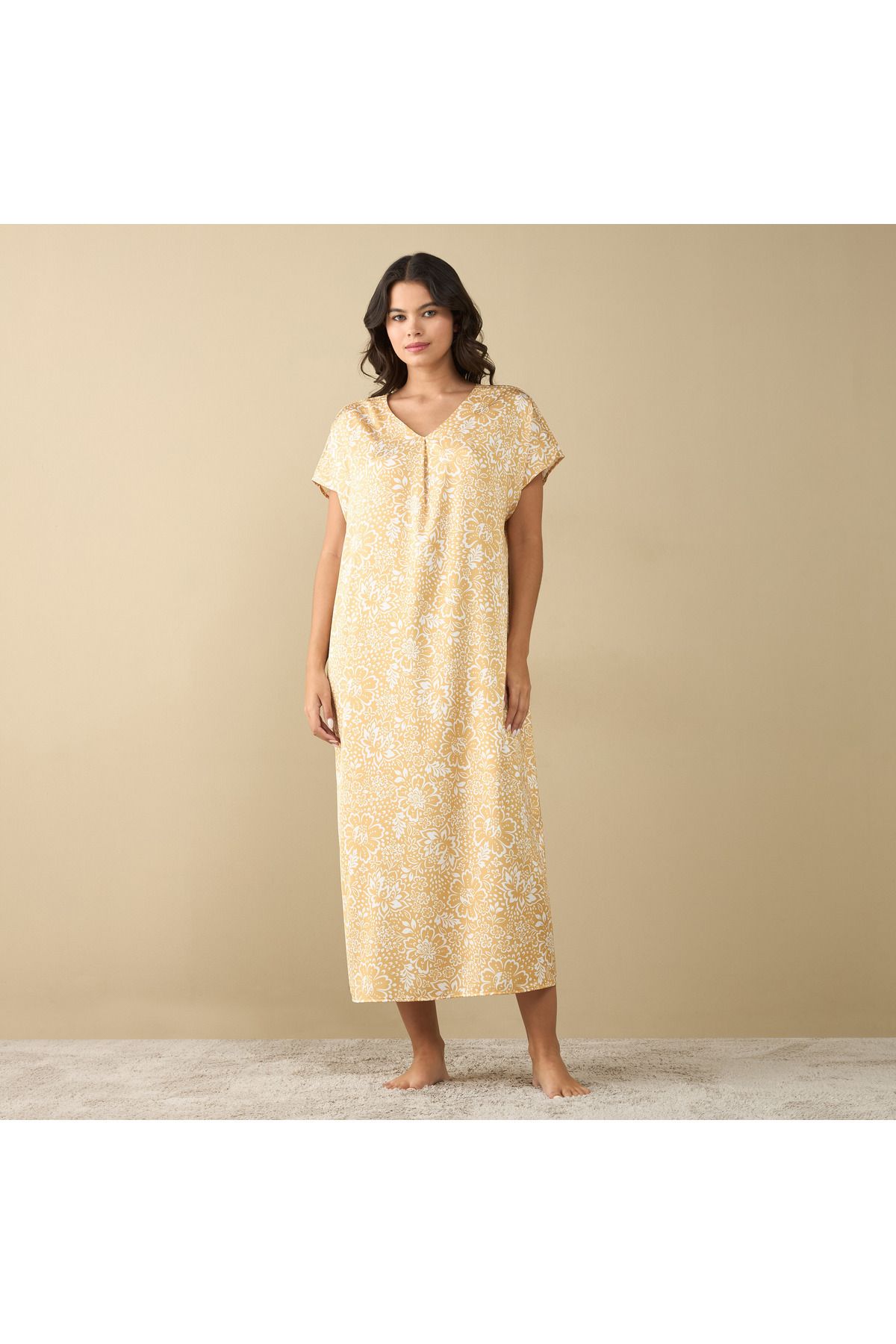 FAV-All-Over Floral Print Night Gown with Short Sleeves 1