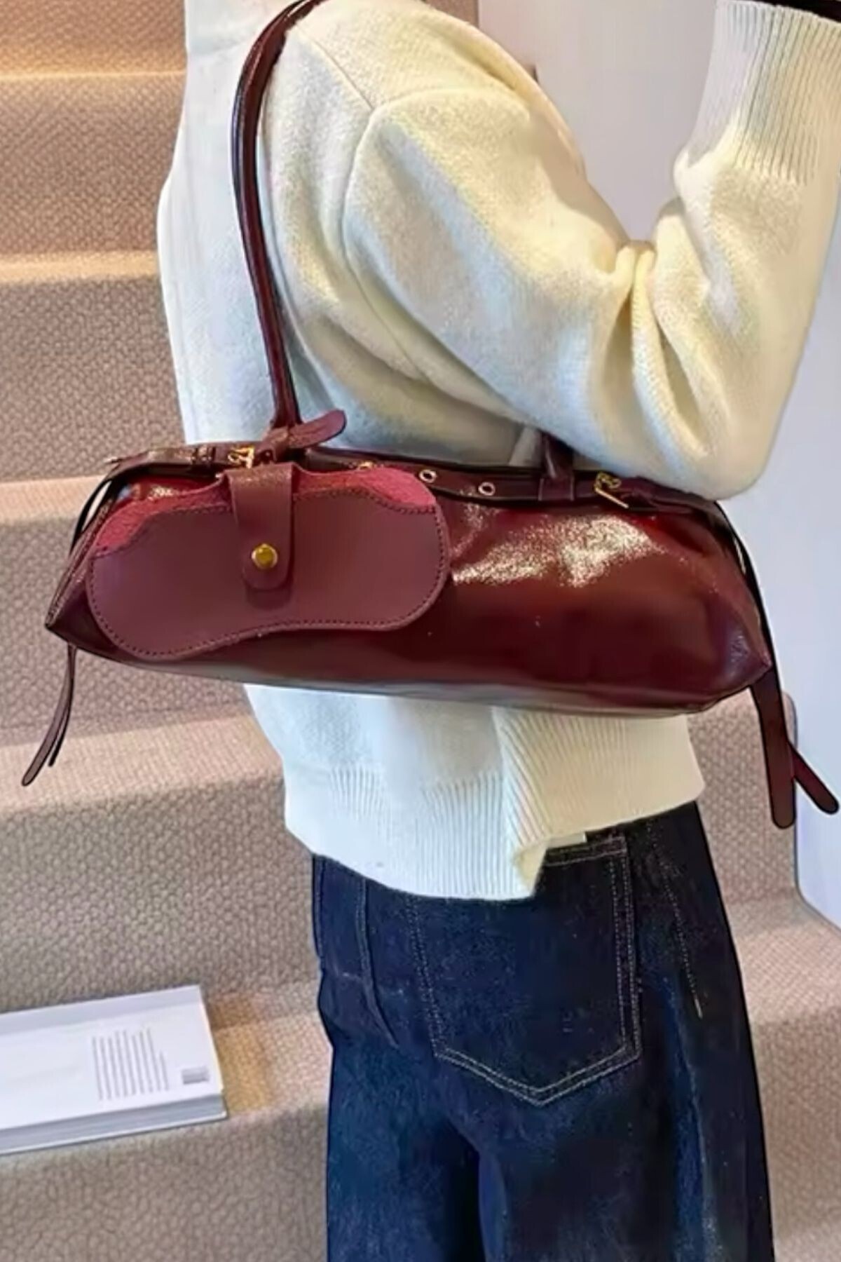 BAHELS-Imported Cherry Wrinkled Patent Leather Bag Charm Shoulder Bag 2