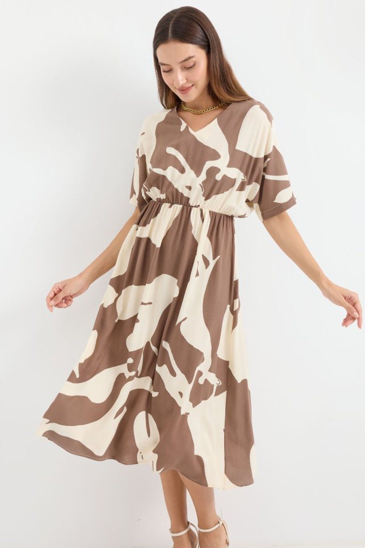 moda wanilia 2511 Beli Lastikli Desenli Elbise - Kahverengi
