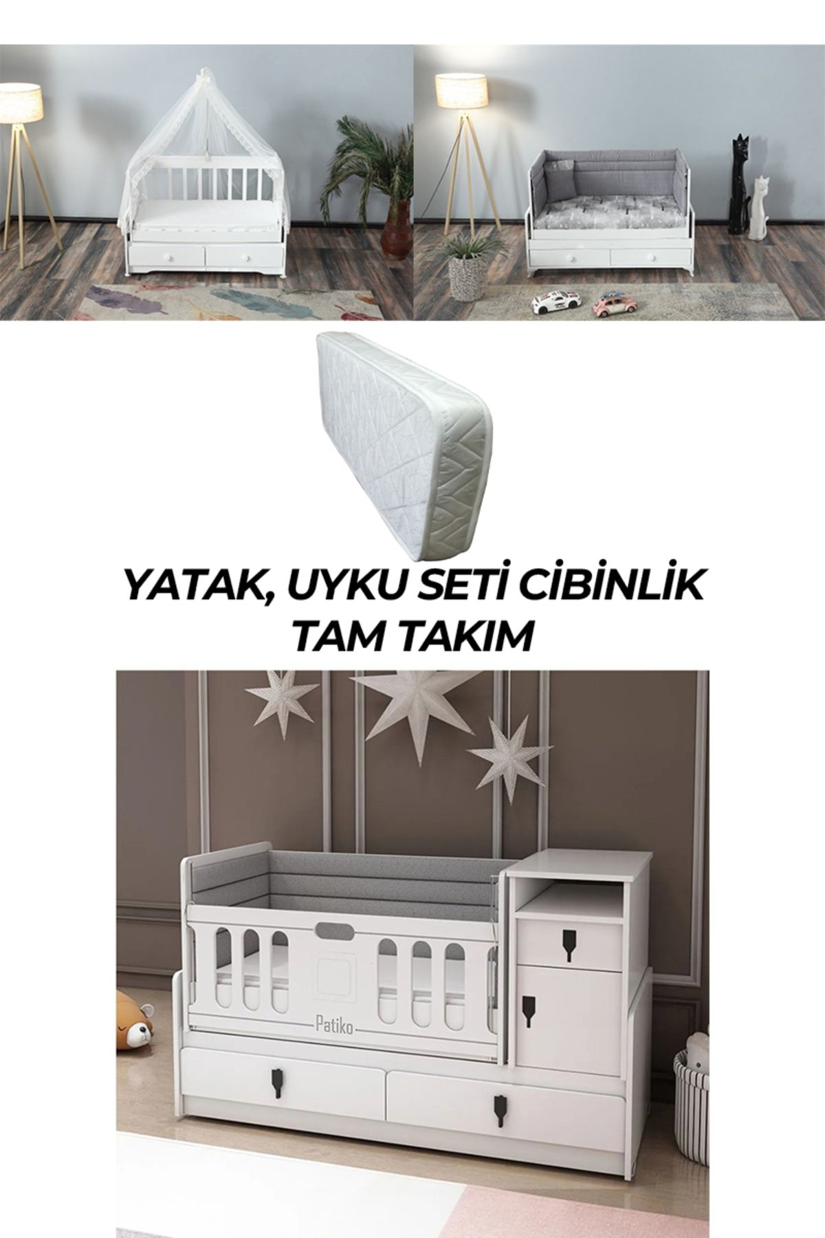 PATİKO FURNİTURE R 131 BEYAZ BÜYÜYEBİLEN BEŞİK YATAK UYKU SETİ CİBİNLİK TAM TAKIM