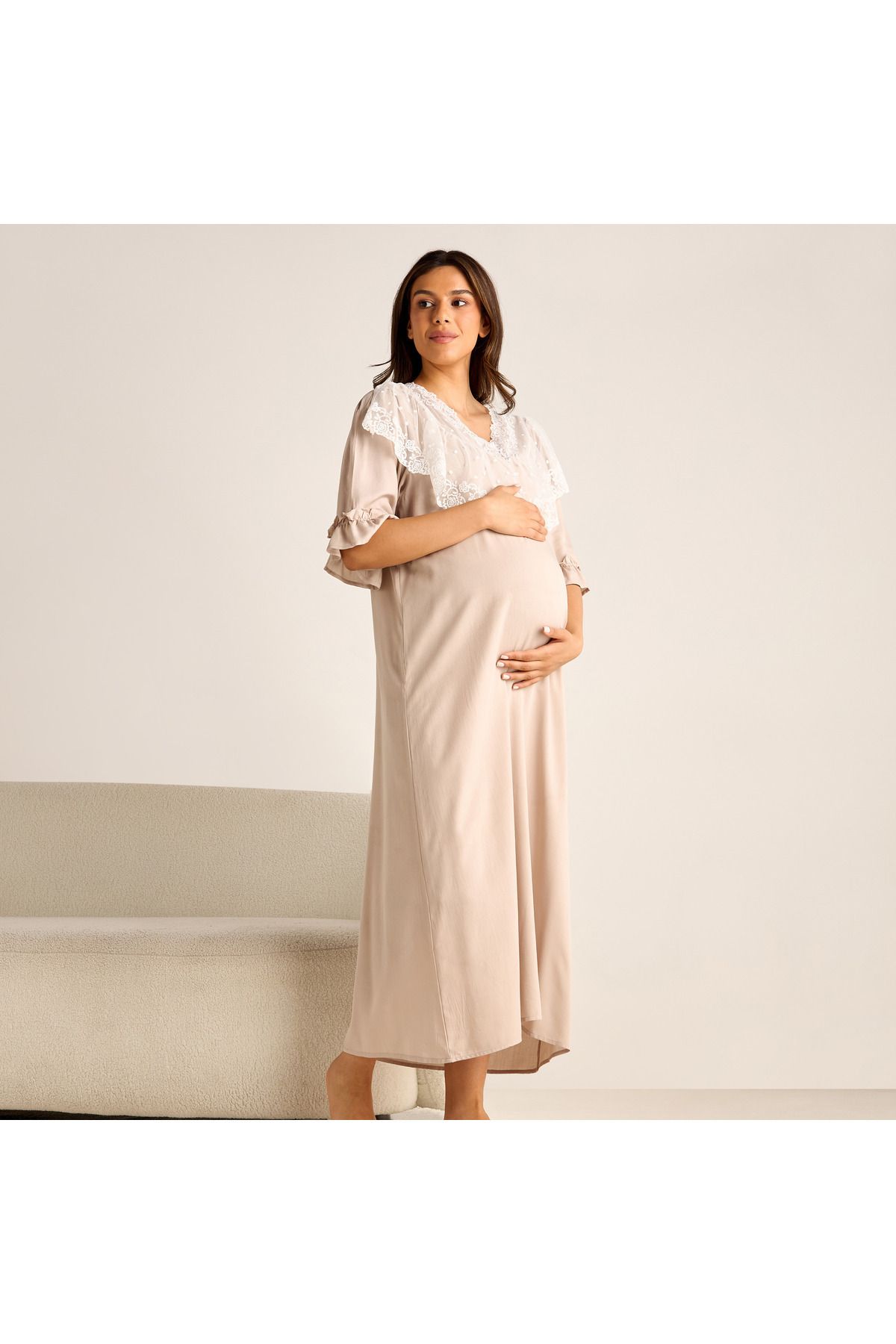 FAV-Lace Detail Maternity Night Gown with 3/4 Sleeves 1