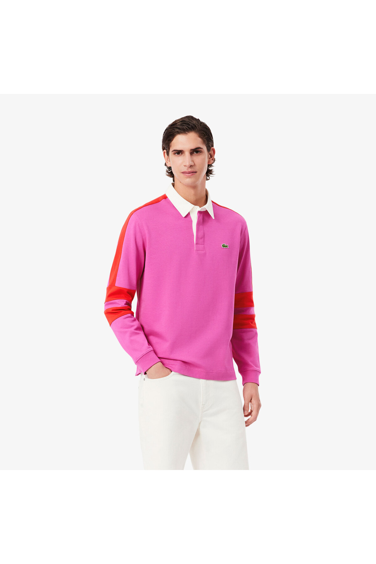 Erkek Classic Fit Uzun Kollu Polo Yaka Renk Bloklu Pembe Rugby Polo