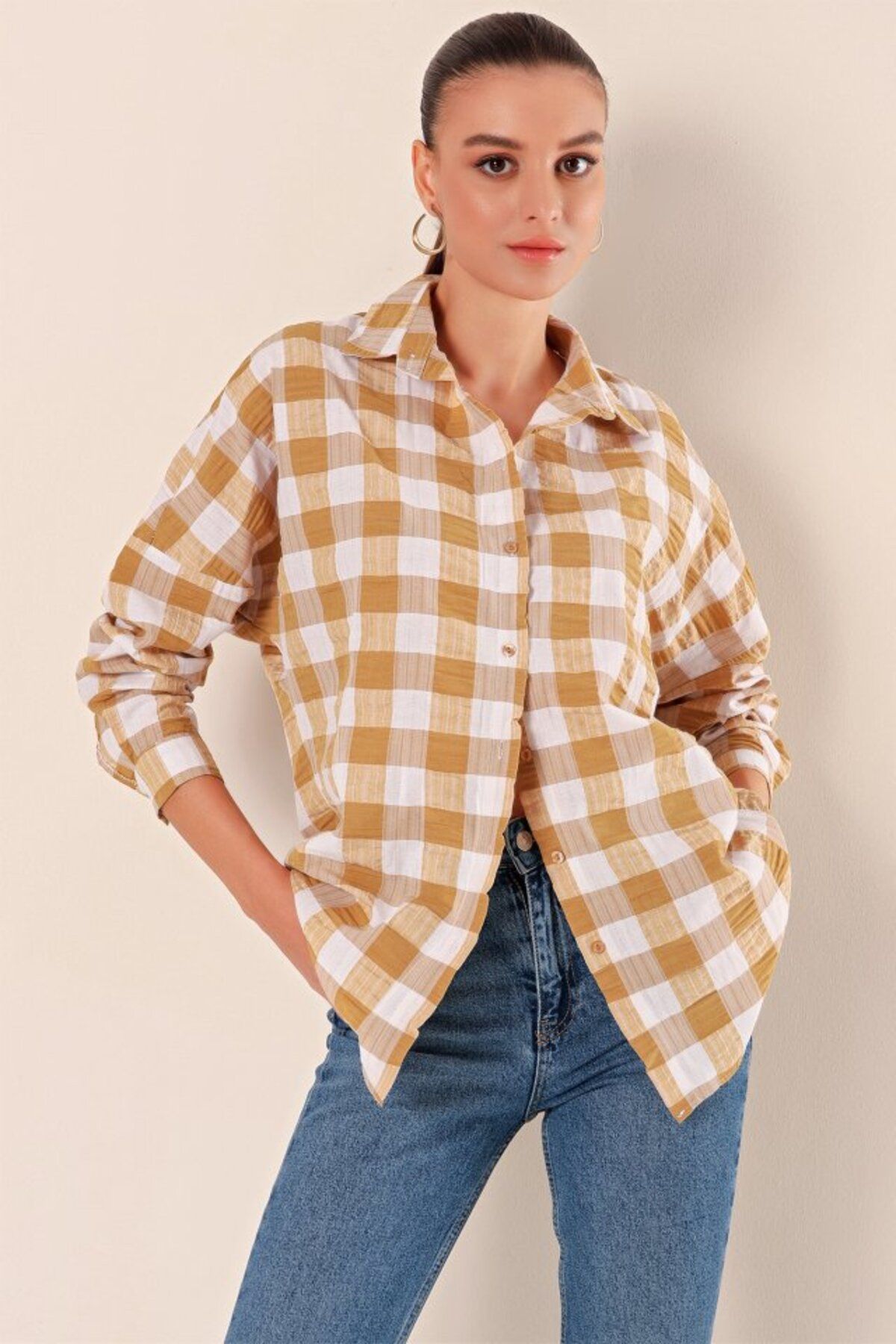 moda wanilia 3900 Oversize Uzun Basic Gömlek - Vizon
