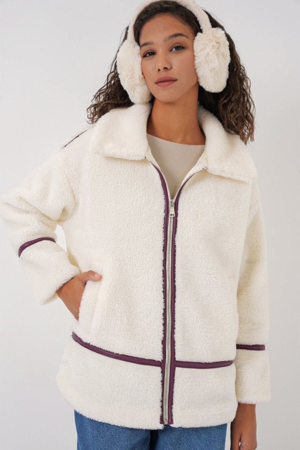 MHT STORE 5173 Astarlı Peluş Ceket - Mürdüm