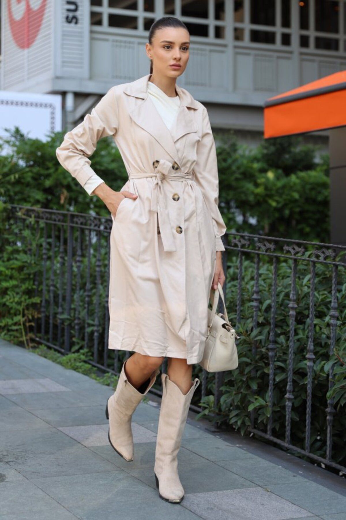 Kokosh moda-Beige Double Breasted Collar Trench Coat 5853 2