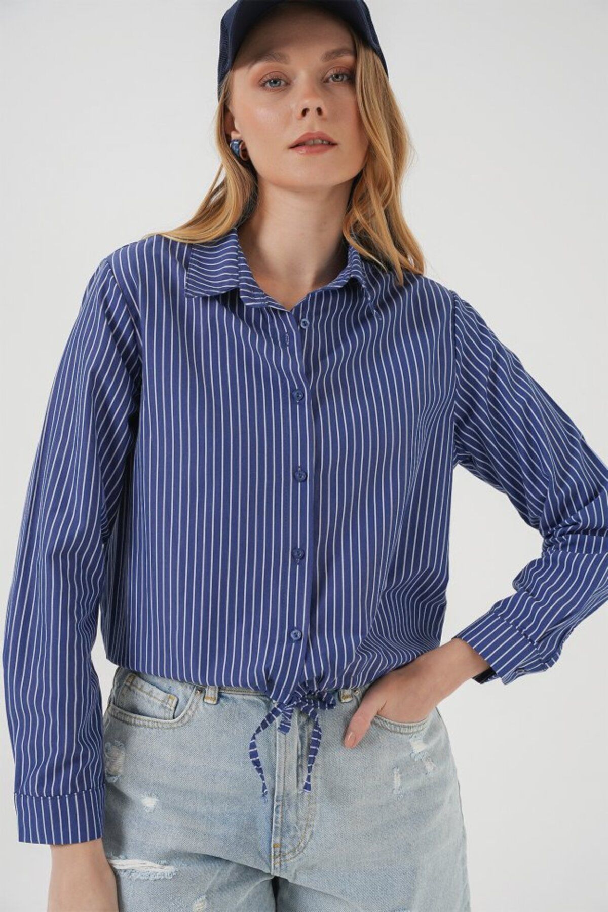 Gökyüzü Moda 20276 Uzun Kol Çizgili Gömlek - Lacivert