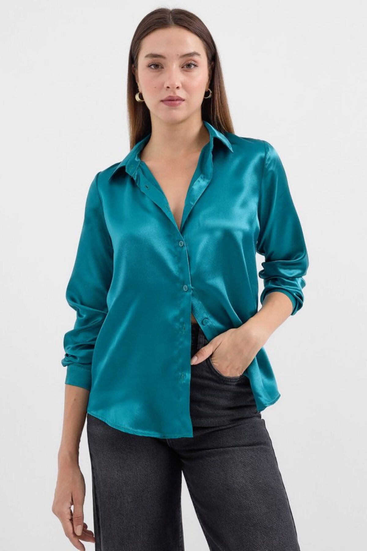 Simala-3964 Lightweight Draped Satin Shirt - A.Green 1