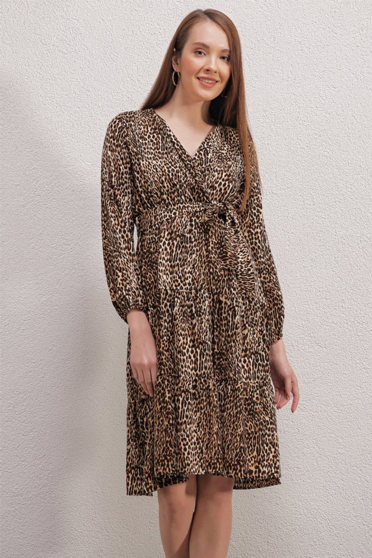 Gökyüzü Moda 2320 Kruvaze Yaka Elbise - A.Bej