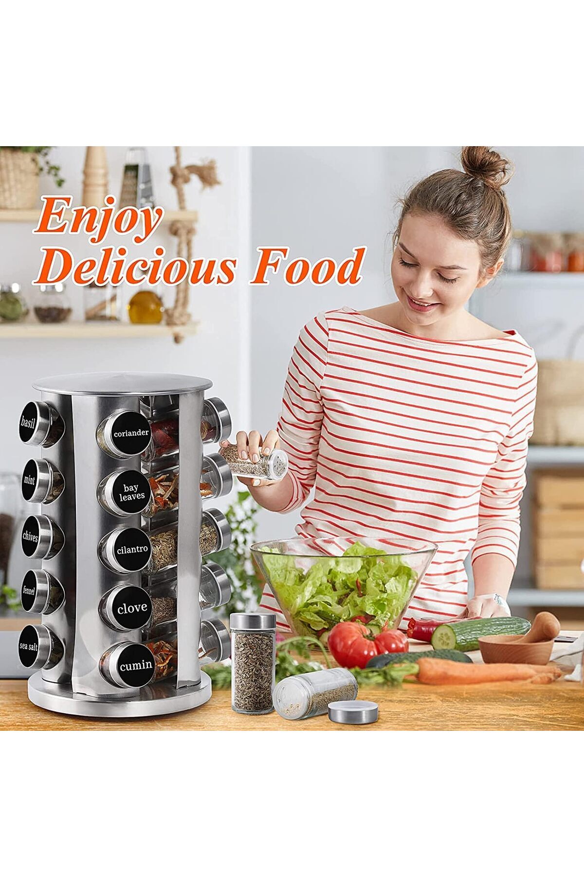 رف توابل دوار مزدوج بسعة 2C مع 20 برطمانًا، مصنوع...