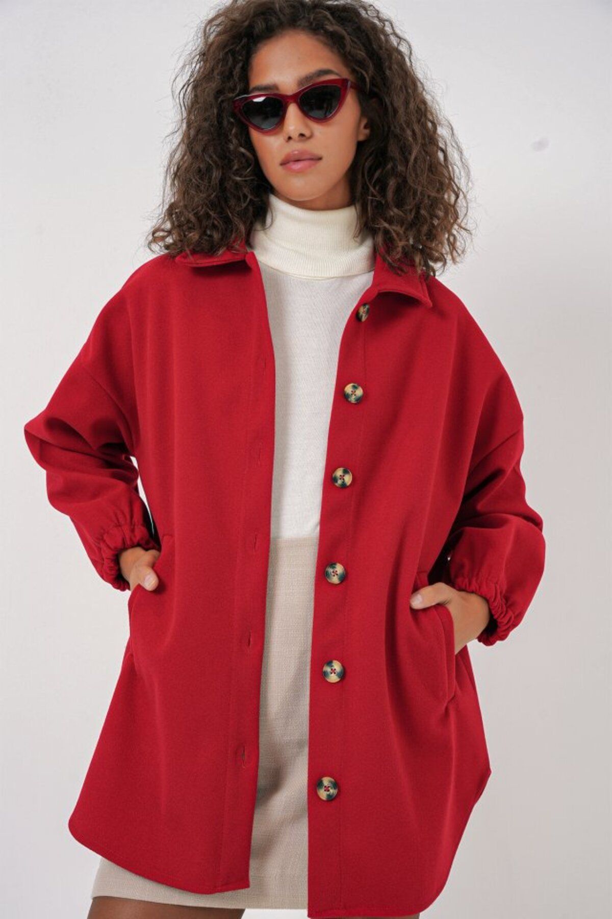 moda wanilia 0674 Cepli Oversize Gömlek - Kırmızı
