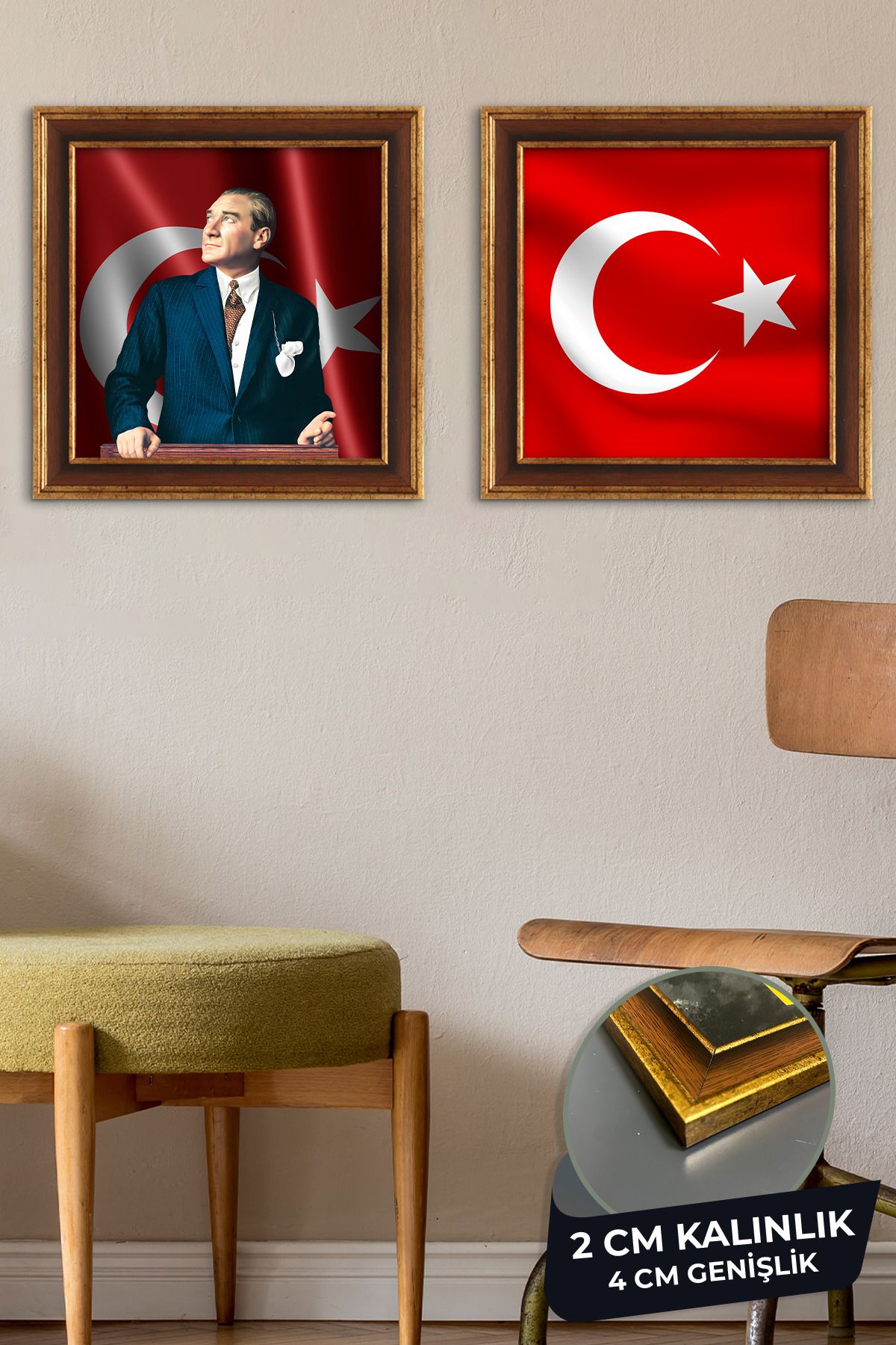 Evimemoda-Mustafa Kemal Atatürk and Turkish Flag Framed 2 Piece Painting 2