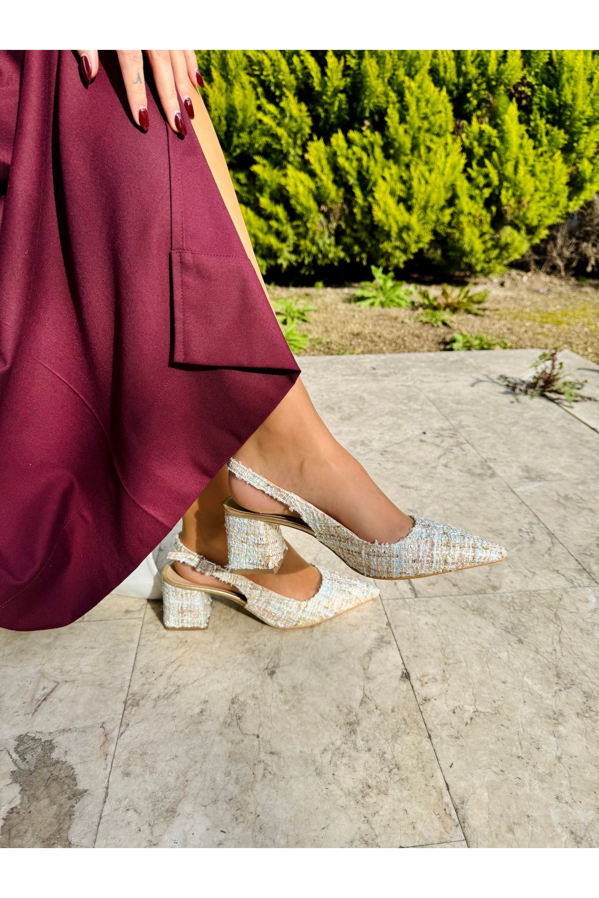 İnan Ayakkabı-Women's Gold Multi Straw Detailed New Season Pointed Toe Heeled Shoes (Heel 7 cm) 2