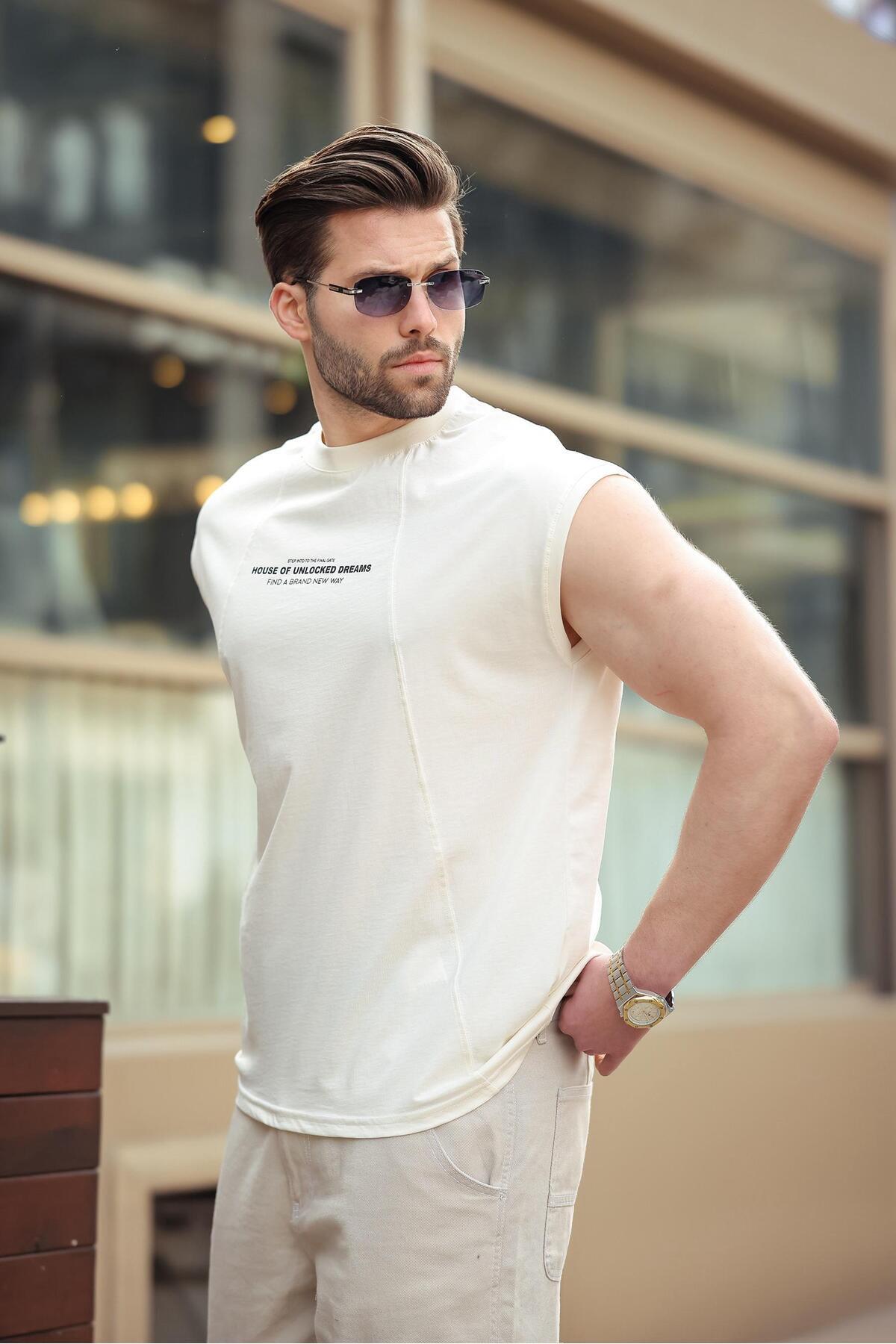 Madmext-Ecru bedrucktes Herren-T-Shirt mit Rundhalsausschnitt E7123 4