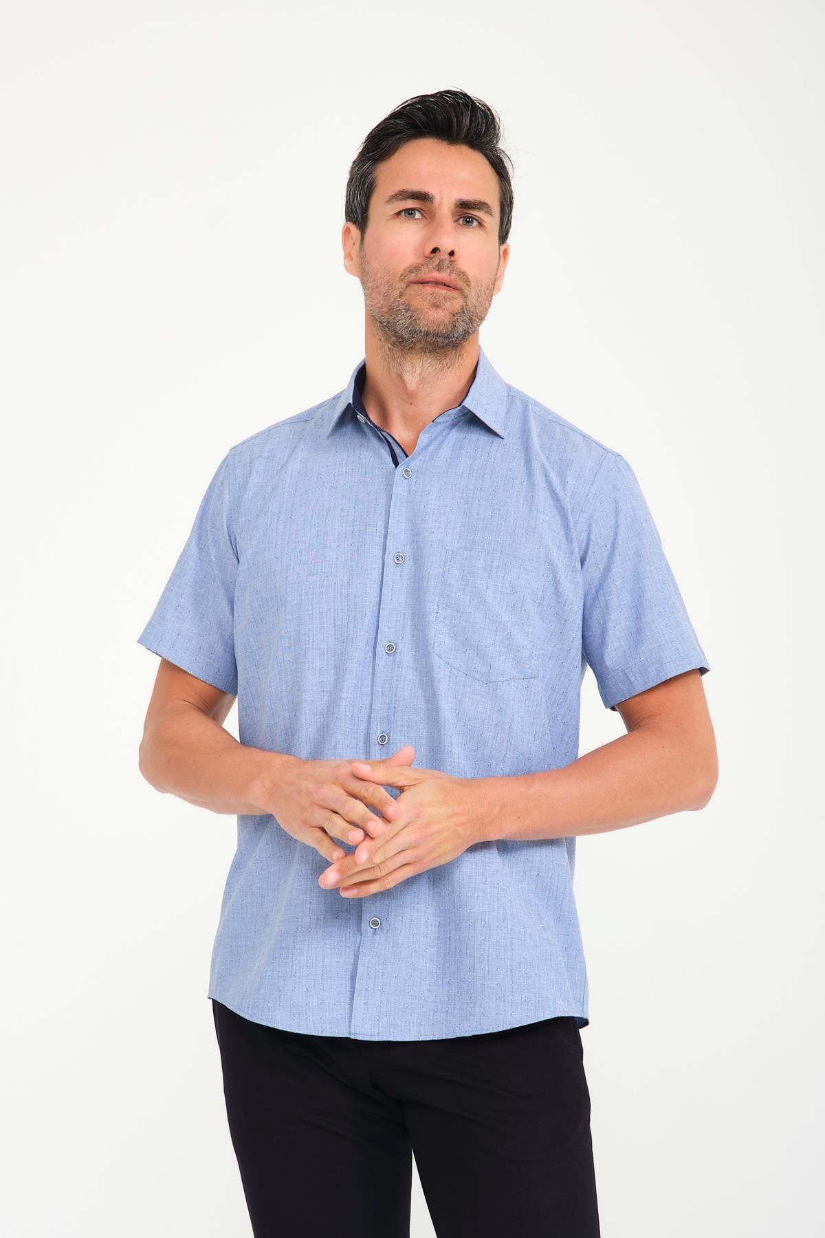 Fitmens-Classic Short Sleeve Neon Flower Dobby Gift Boxed Men's Shirt Fs- 001214   - Indigo 5
