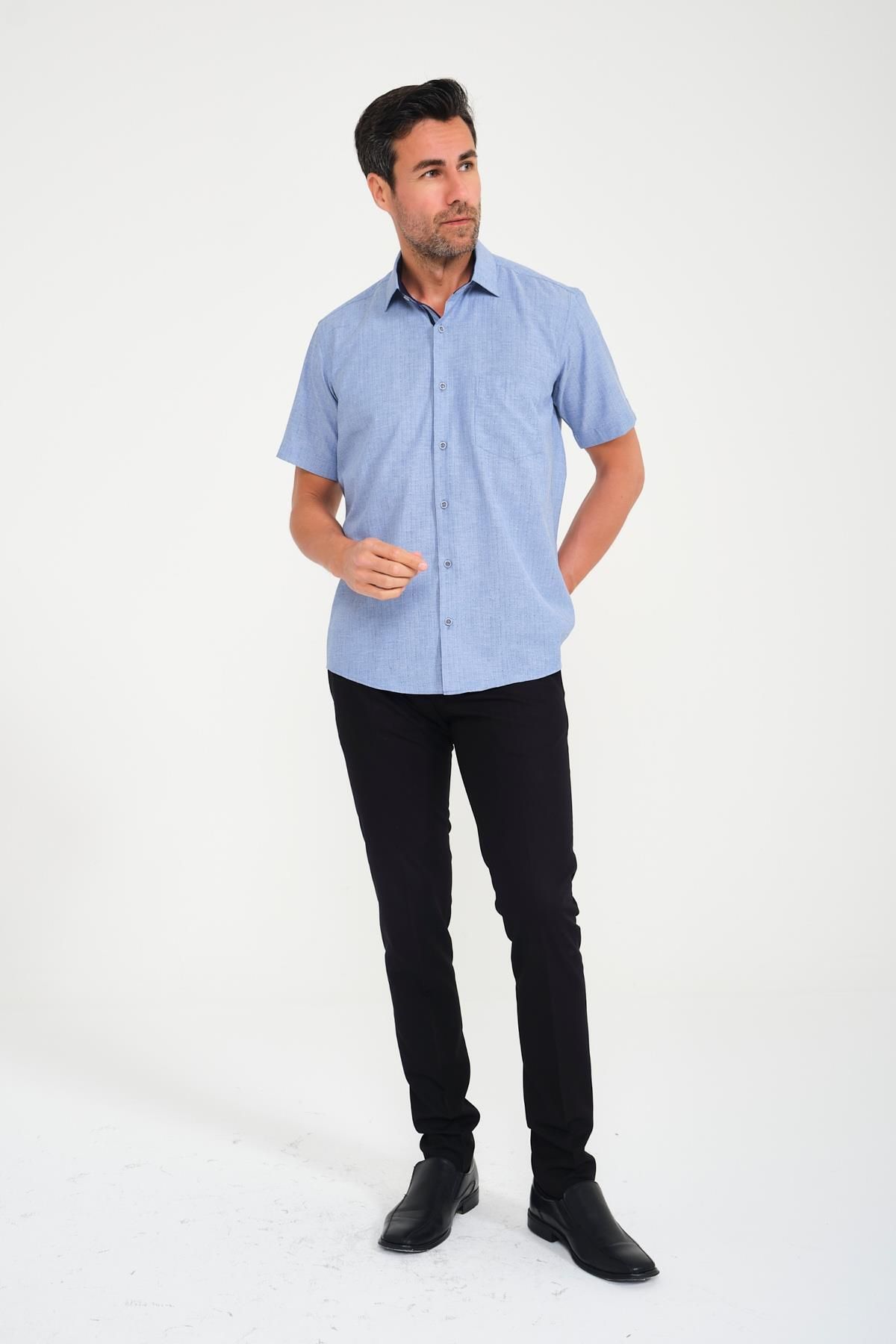Fitmens-Classic Short Sleeve Neon Flower Dobby Gift Boxed Men's Shirt Fs- 001214   - Indigo 7