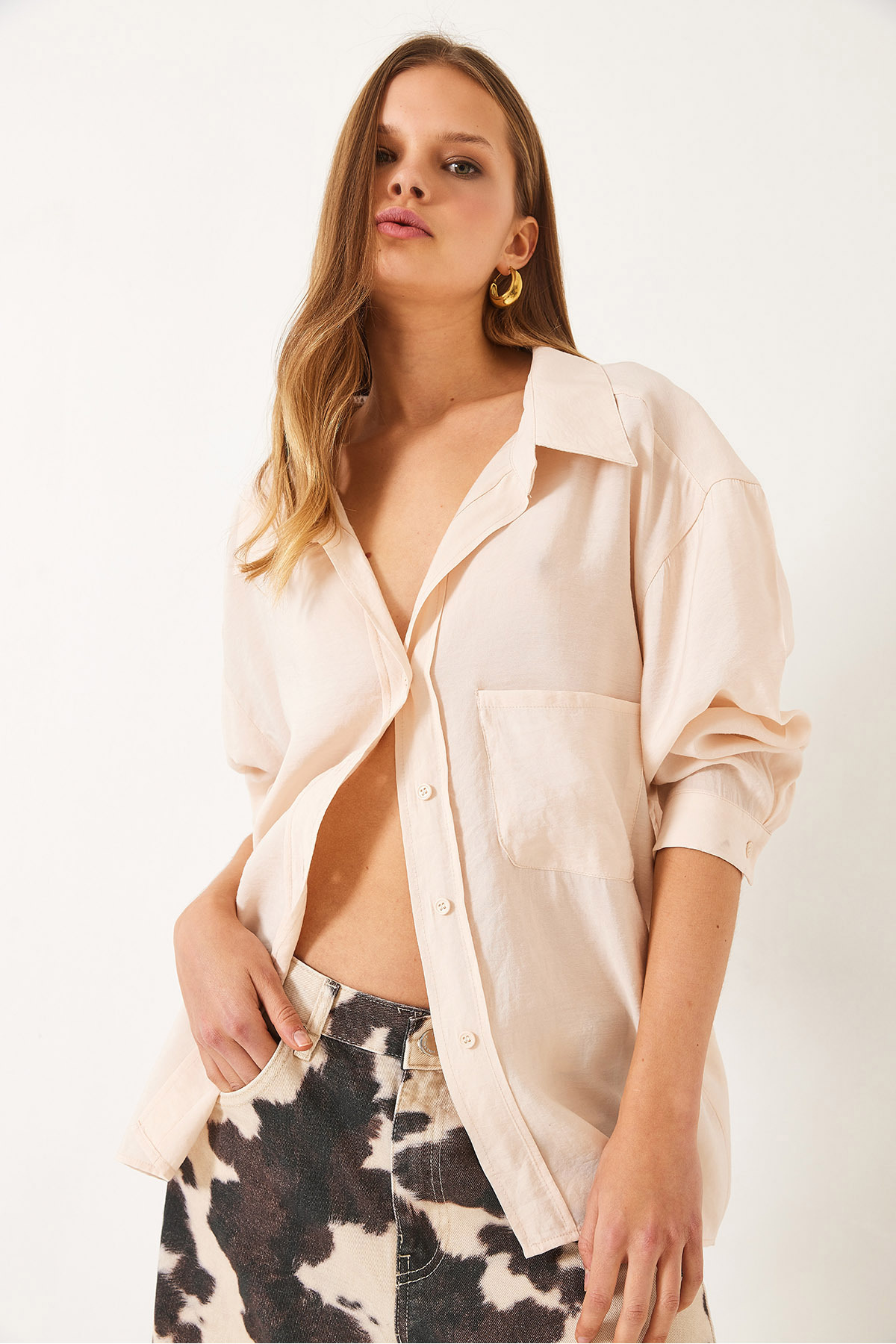 Bianco Lucci-Women's Oversize V-Neck Modal Shirt 60388 60271075 2