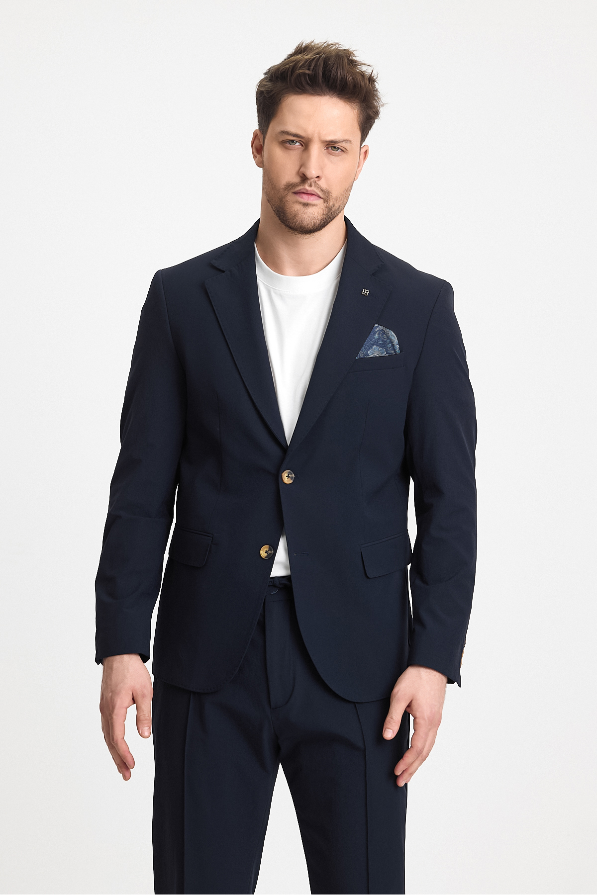 Frappoli Polli Men's Dark Navy Blue Polyamide-Tech Flexible Summer Cool Fabric Slimfit 2-Piece Suit