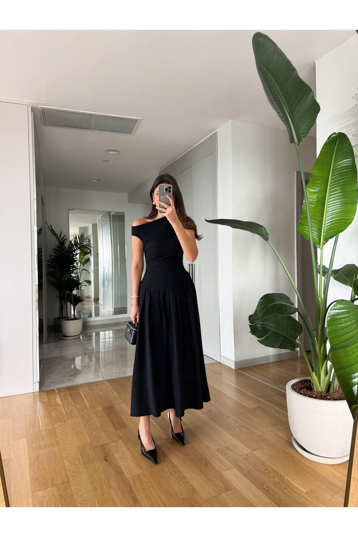 fmnbutik-Design Brand Equivalent Waist Fitting Midi Bell Skirt Boat Neck Strap Pinterest Model Long Flared Dress 1