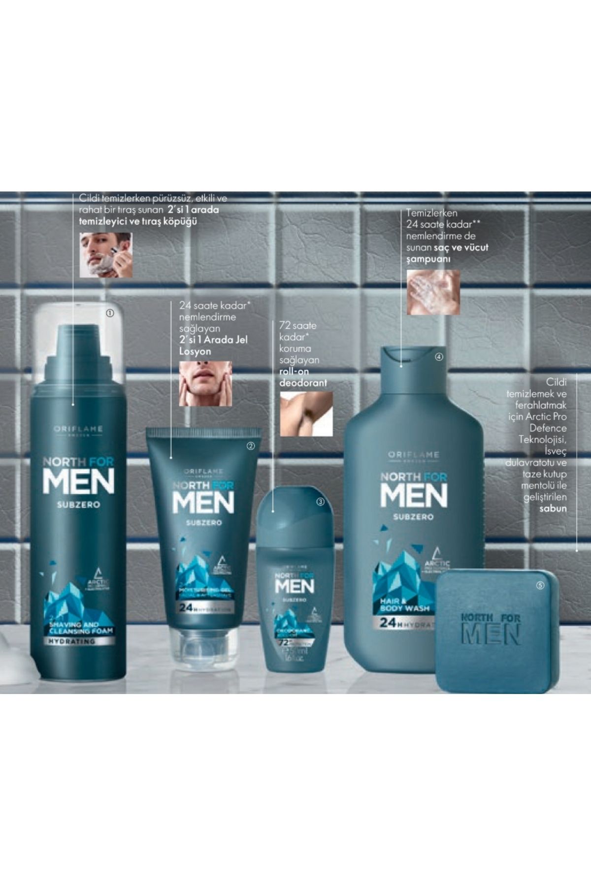 Oriflame North for Men Subzero Saç ve Vücut Şampuanı,Sabun,Nemlendirici Jel Losyon,Roll-on Deodorant,Temizley