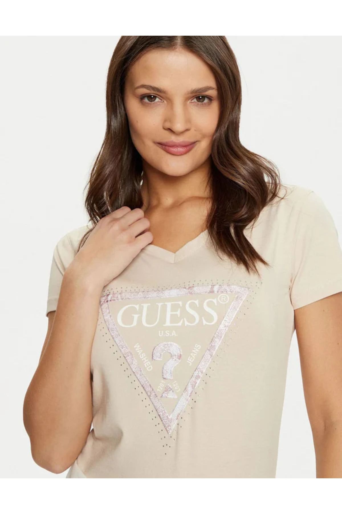 Guess Jeans-Women's beige triangle triangle big logo Guess jeans 2