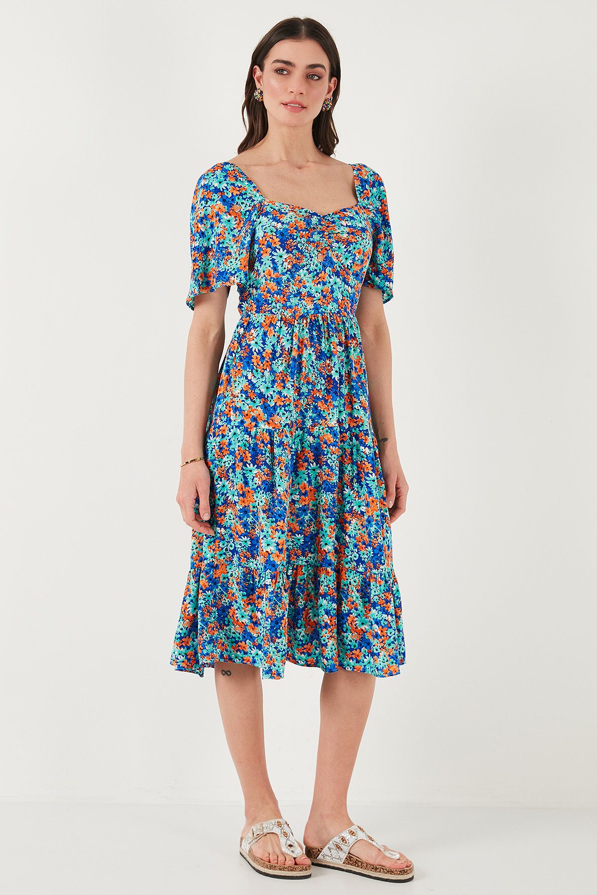 Lela-Patterned Oversize Fit Carmen Collar Shirring Detailed Midi Length Dress Dress 67810557 4