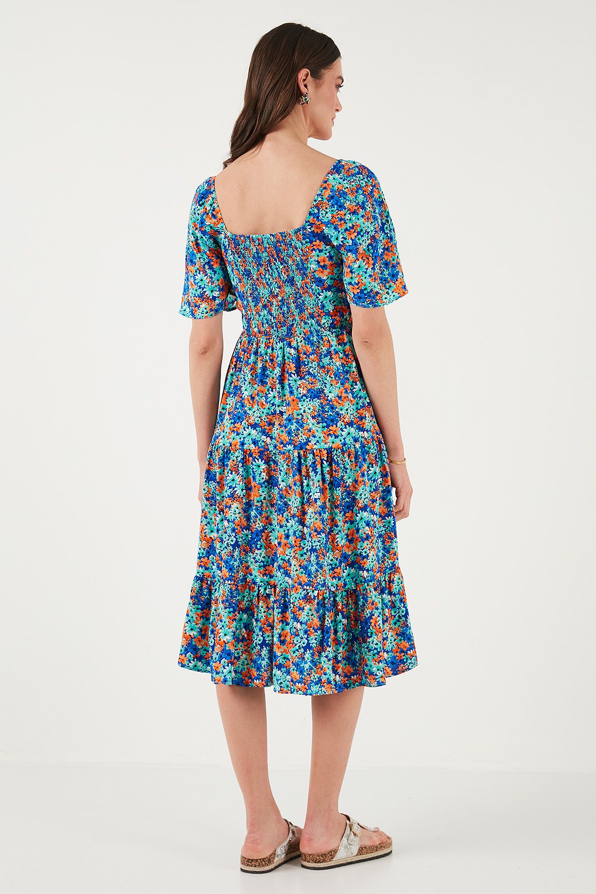Lela-Patterned Oversize Fit Carmen Collar Shirring Detailed Midi Length Dress Dress 67810557 7