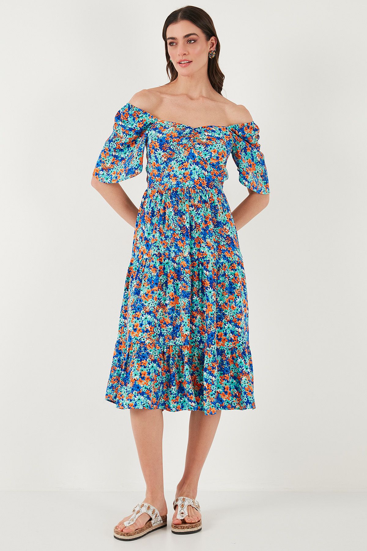 Lela-Patterned Oversize Fit Carmen Collar Shirring Detailed Midi Length Dress Dress 67810557 2