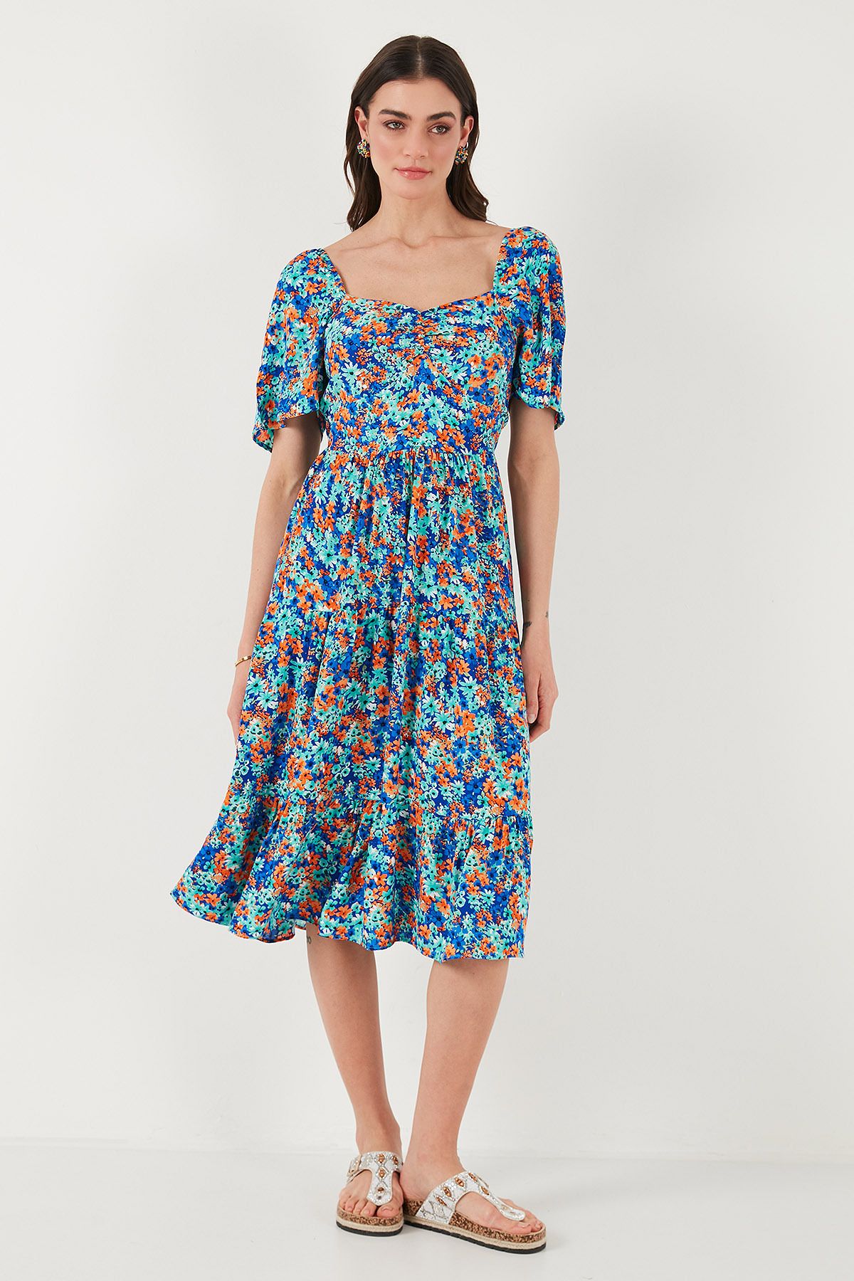 Lela-Patterned Oversize Fit Carmen Collar Shirring Detailed Midi Length Dress Dress 67810557 5