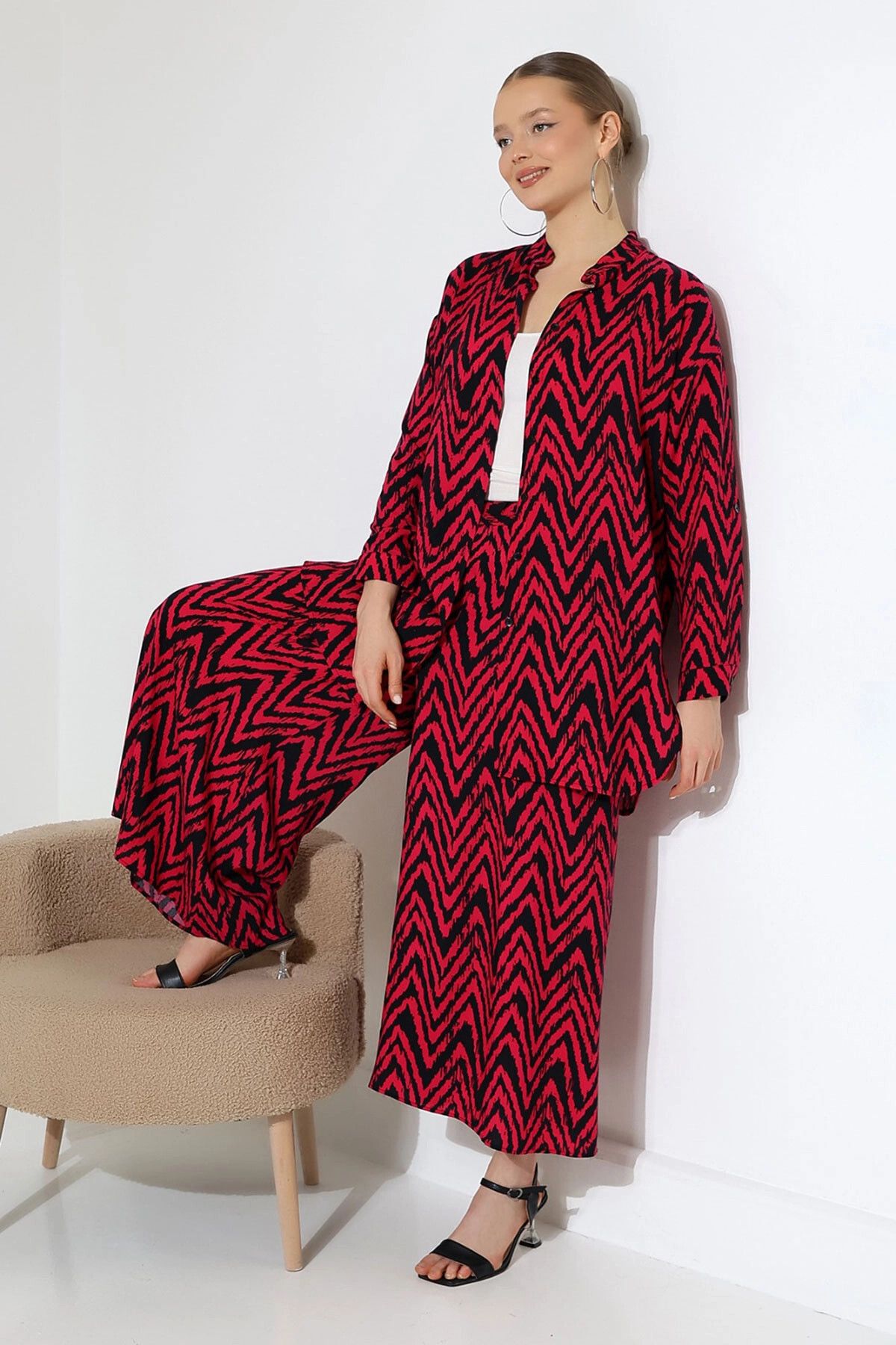 bacc-Fuchsia Judge Collar Zigzag Patterned Shirt and Trousers Woven Bottom Top Set Bcvl-25V053-1 3