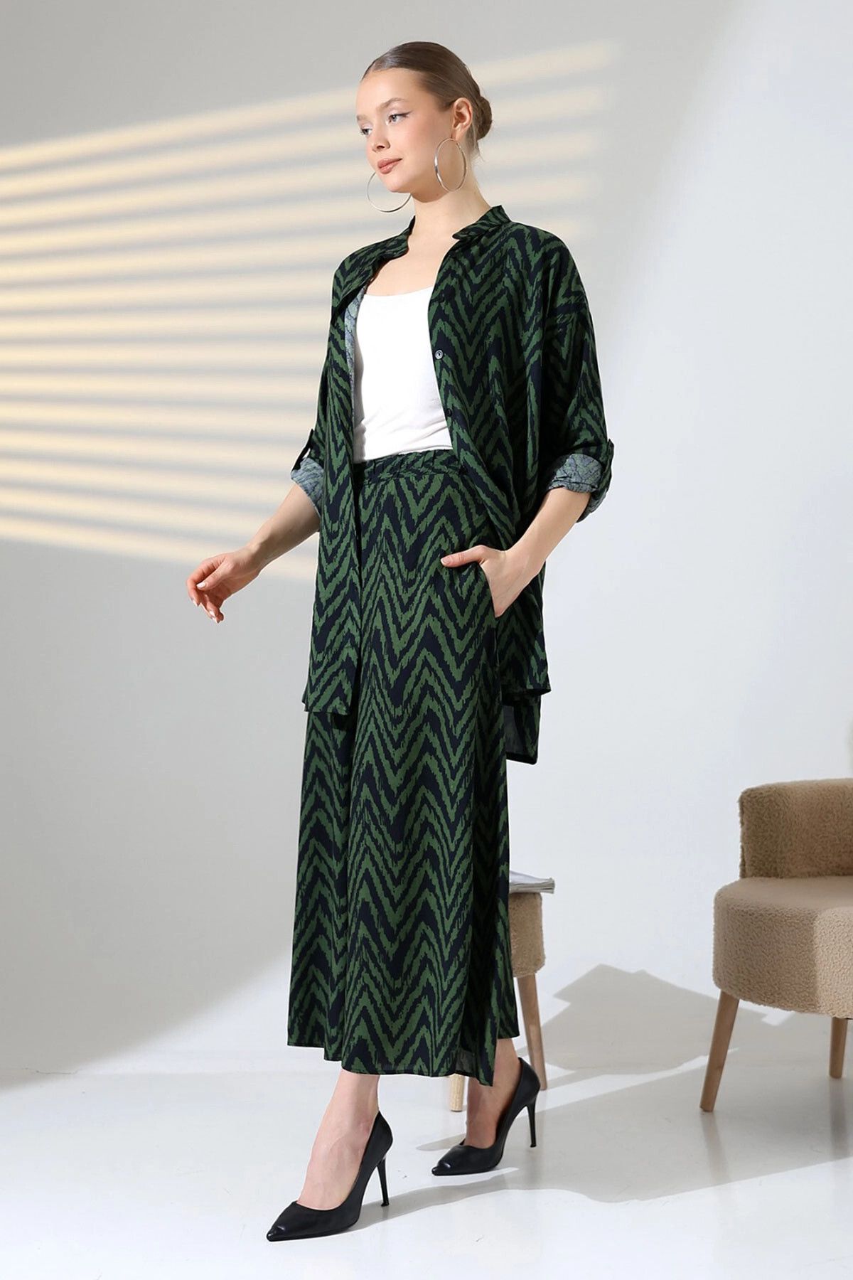 bacc-Khaki Judge Collar Zigzag Patterned Shirt and Trousers Woven Bottom Top Set Bcvl-25V053-1 4