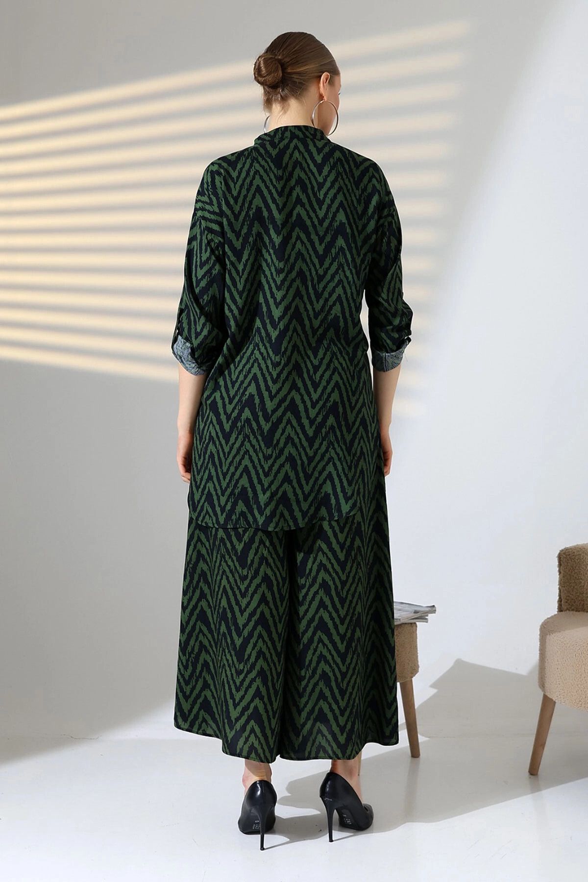 bacc-Khaki Judge Collar Zigzag Patterned Shirt and Trousers Woven Bottom Top Set Bcvl-25V053-1 7