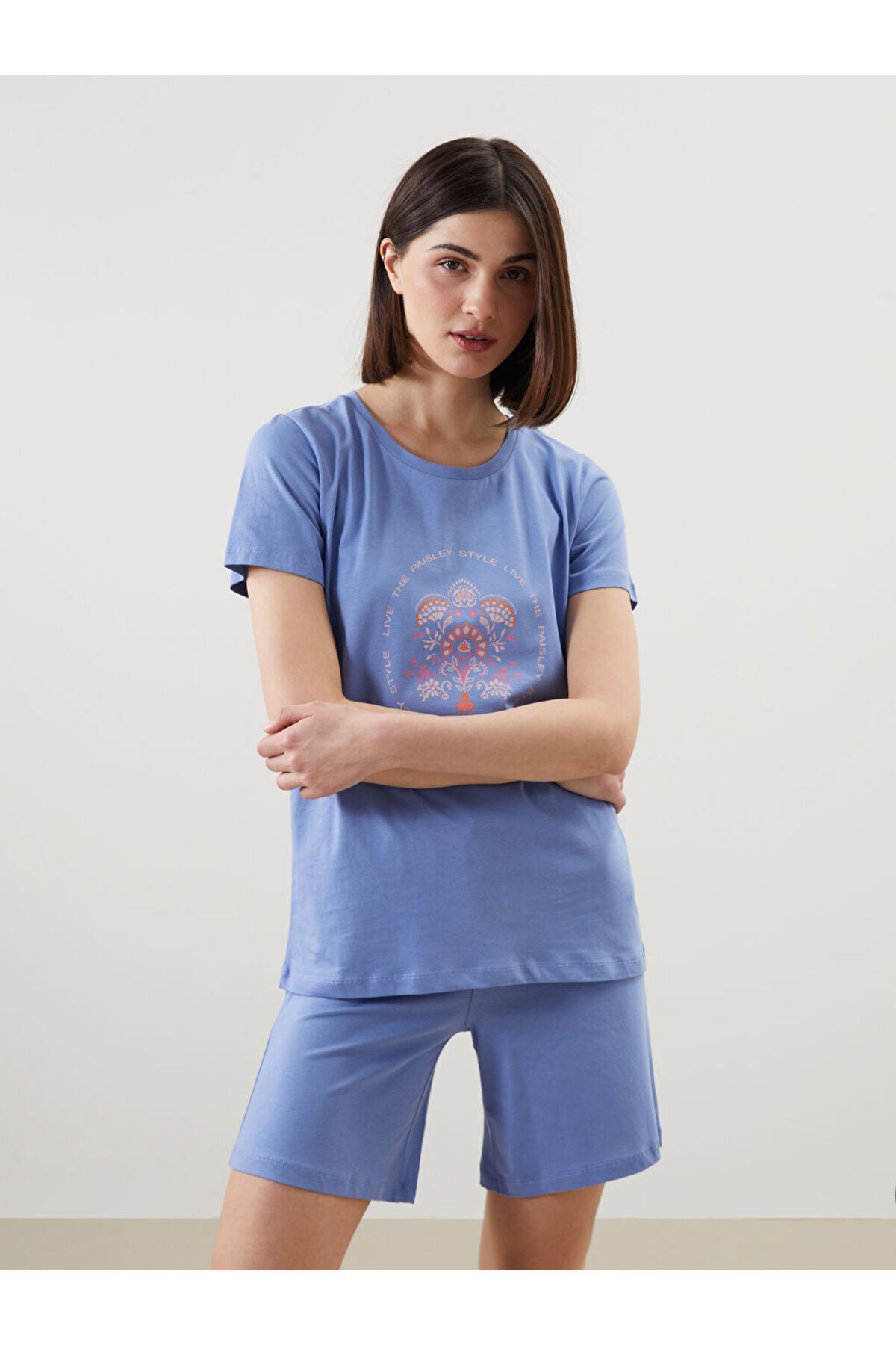 LC Waikiki Bisiklet Yaka Baskılı Kadın Şortlu Pijama Takımı
