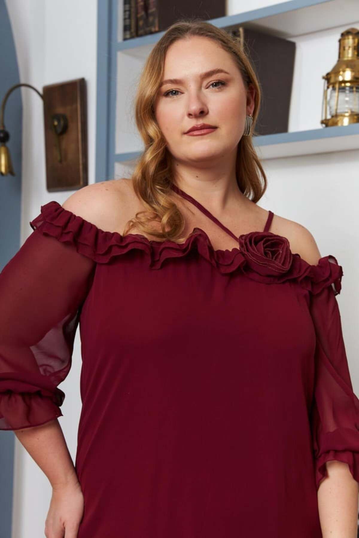 RMG-Plus Size Ruffle Chiffon Dress - Rose with Neckline and Detail 3