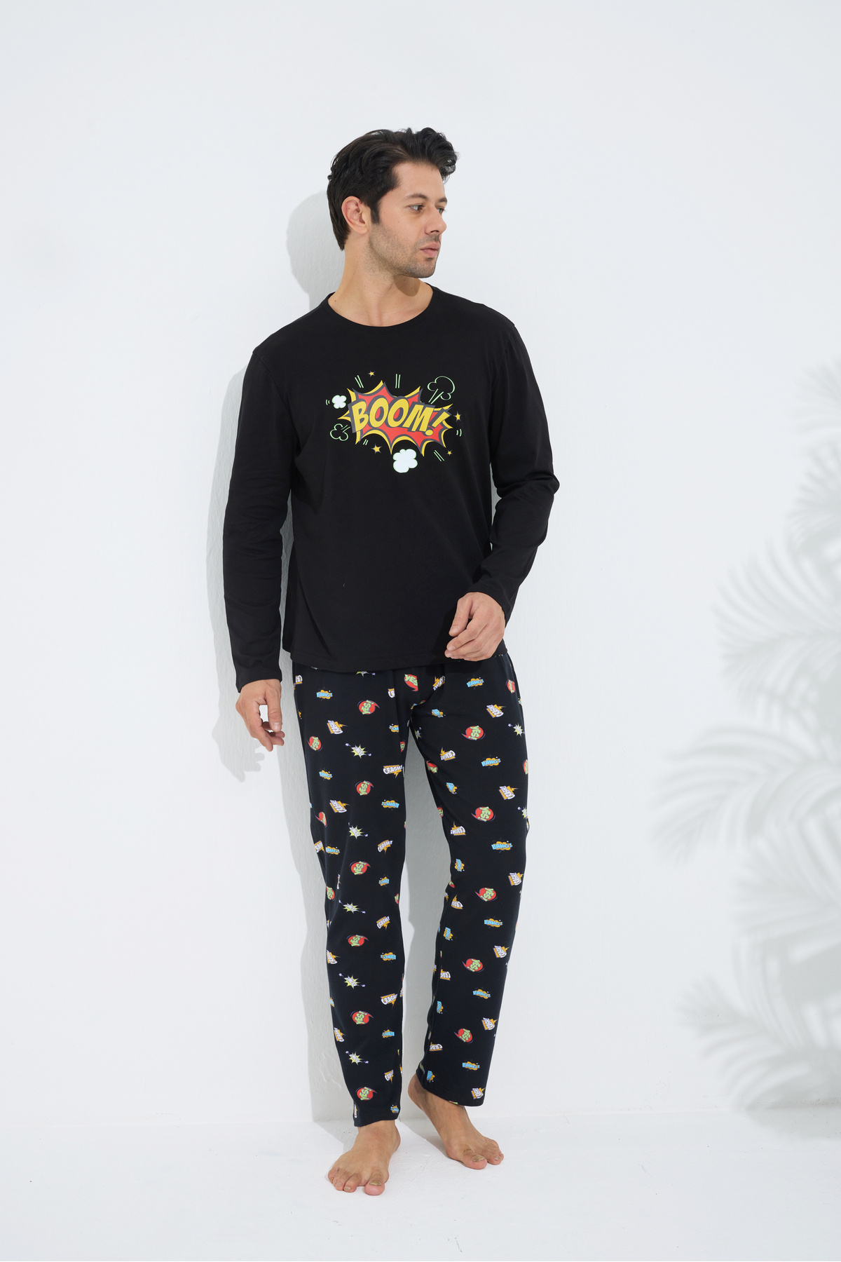 Siyah İnci-Black Patterned Cotton Crew Neck Printed Long Sleeve Knitted Pajama Set 2