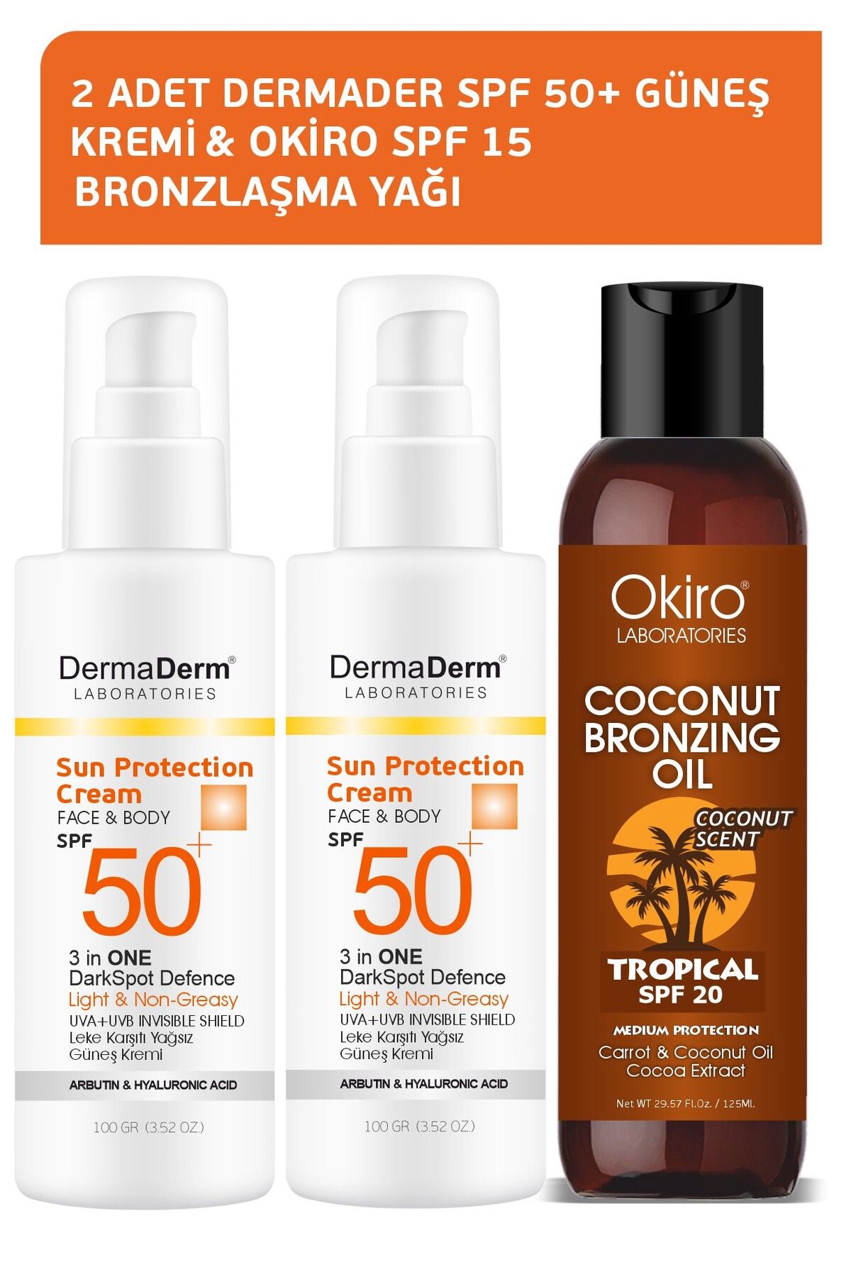 DermaDerm SPF 50+ Güneş Kremi 2x100ml ve Okiro Hindistan Cevizi Bronzlaştırıcı Yağ 1x100ml