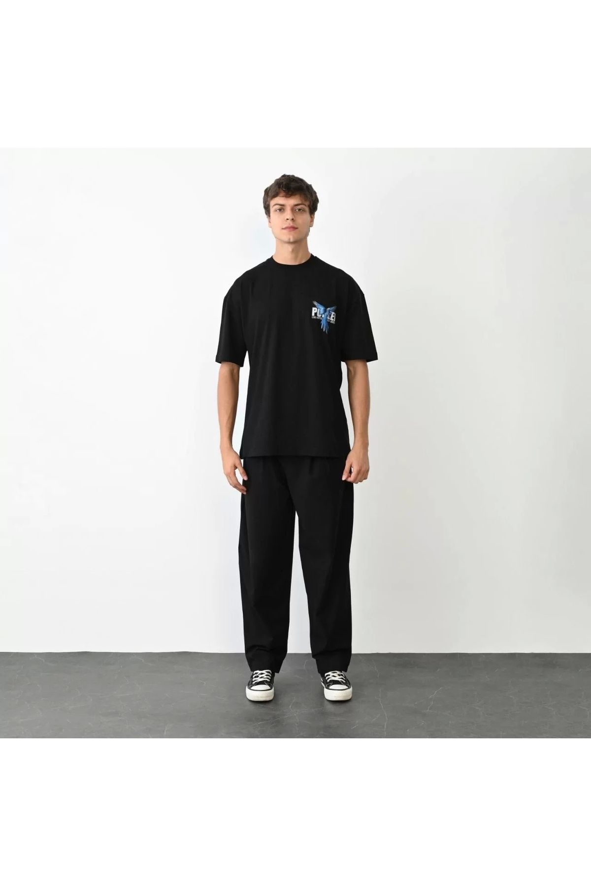 CVS Unisex Bisiklet Yaka Baskılı Oversize T-Shirt - Siyah