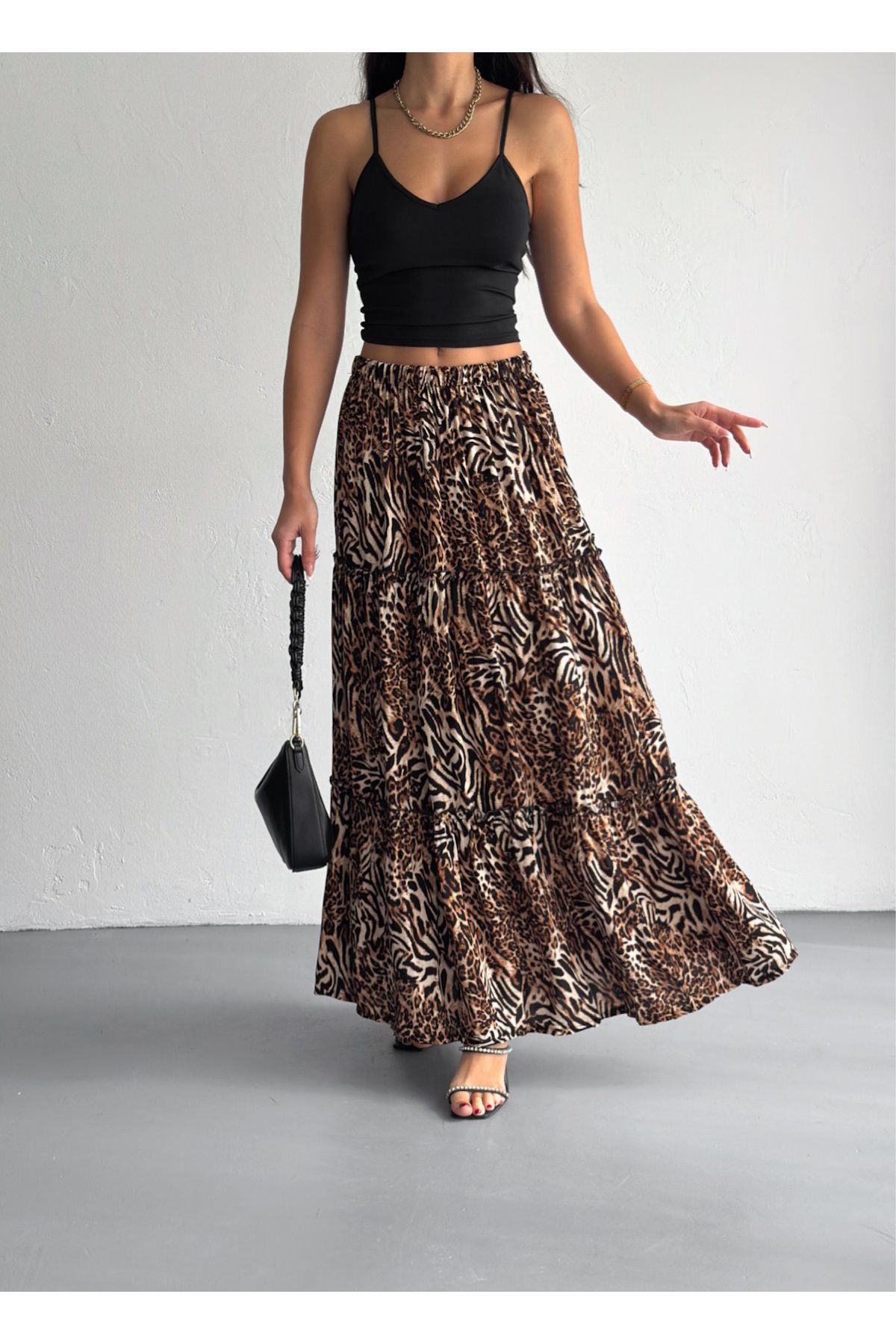YUSUF CAN KARATAŞ KARATAŞ GİYİM-Femei Dimensiune Plus Leopard Model Talie Elastică Volană Tesut Tesut Fusta Lungă Lungime 100 Cm 5