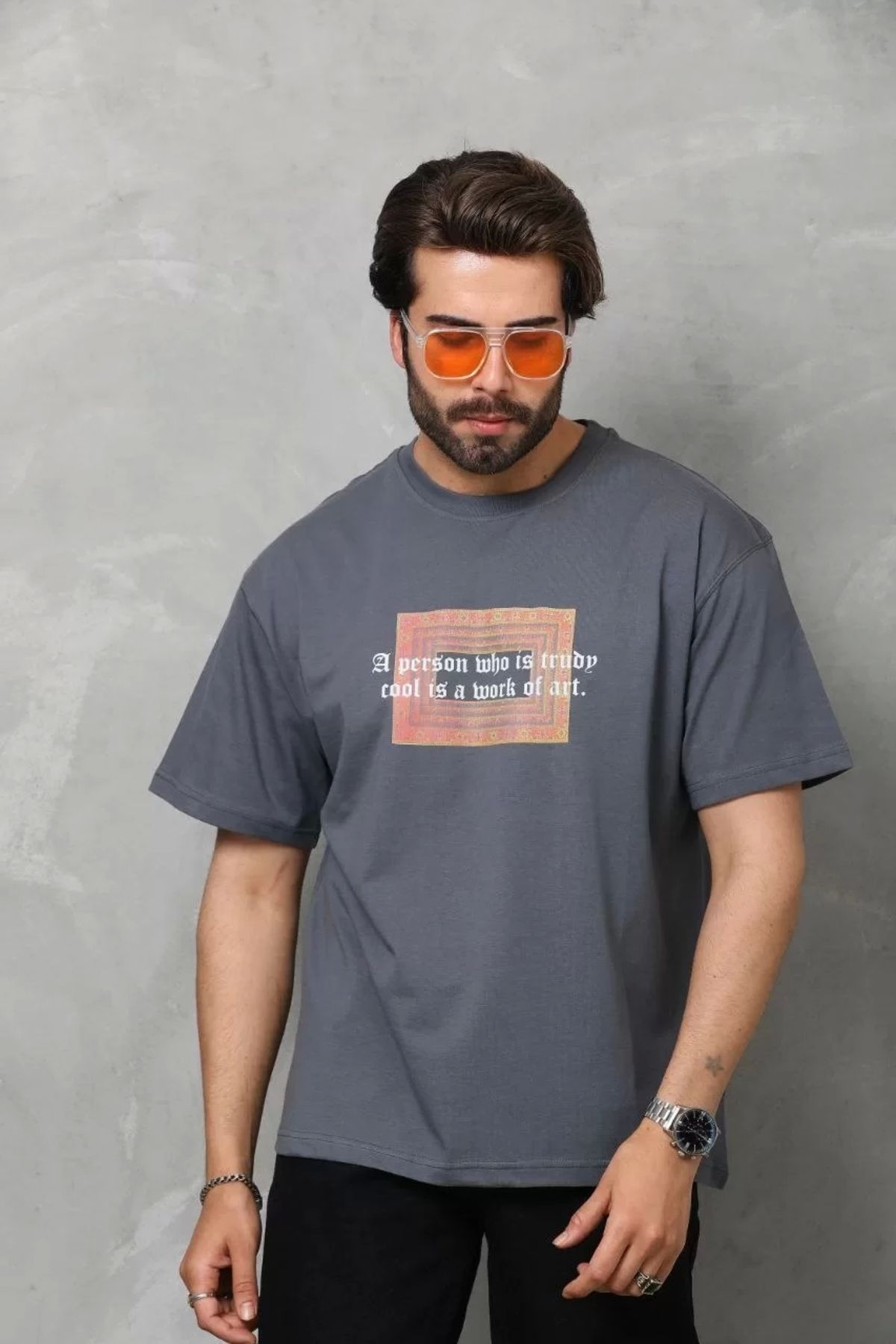 CVS Unisex Bisiklet Yaka Baskılı Oversize T-Shirt - Füme