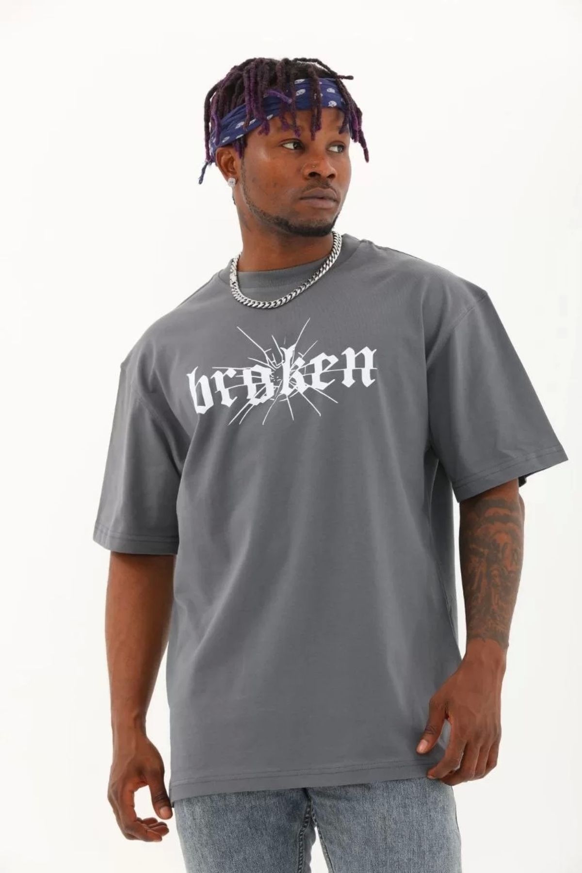 CVS Unisex Oversize Baskılı Bisiklet Yaka T-Shirt - Füme