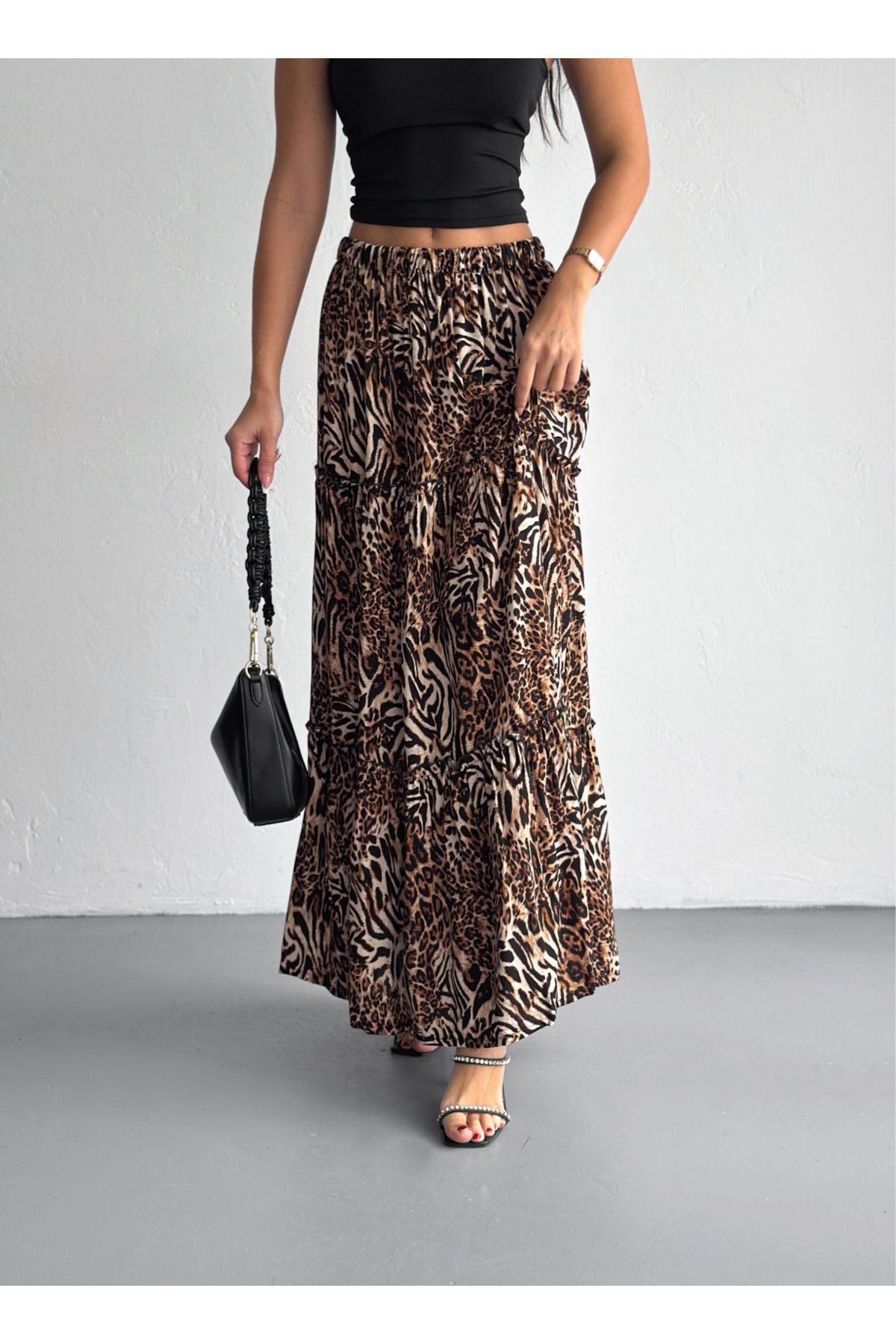 YUSUF CAN KARATAŞ KARATAŞ GİYİM-Femei Dimensiune Plus Leopard Model Talie Elastică Volană Tesut Tesut Fusta Lungă Lungime 100 Cm 2