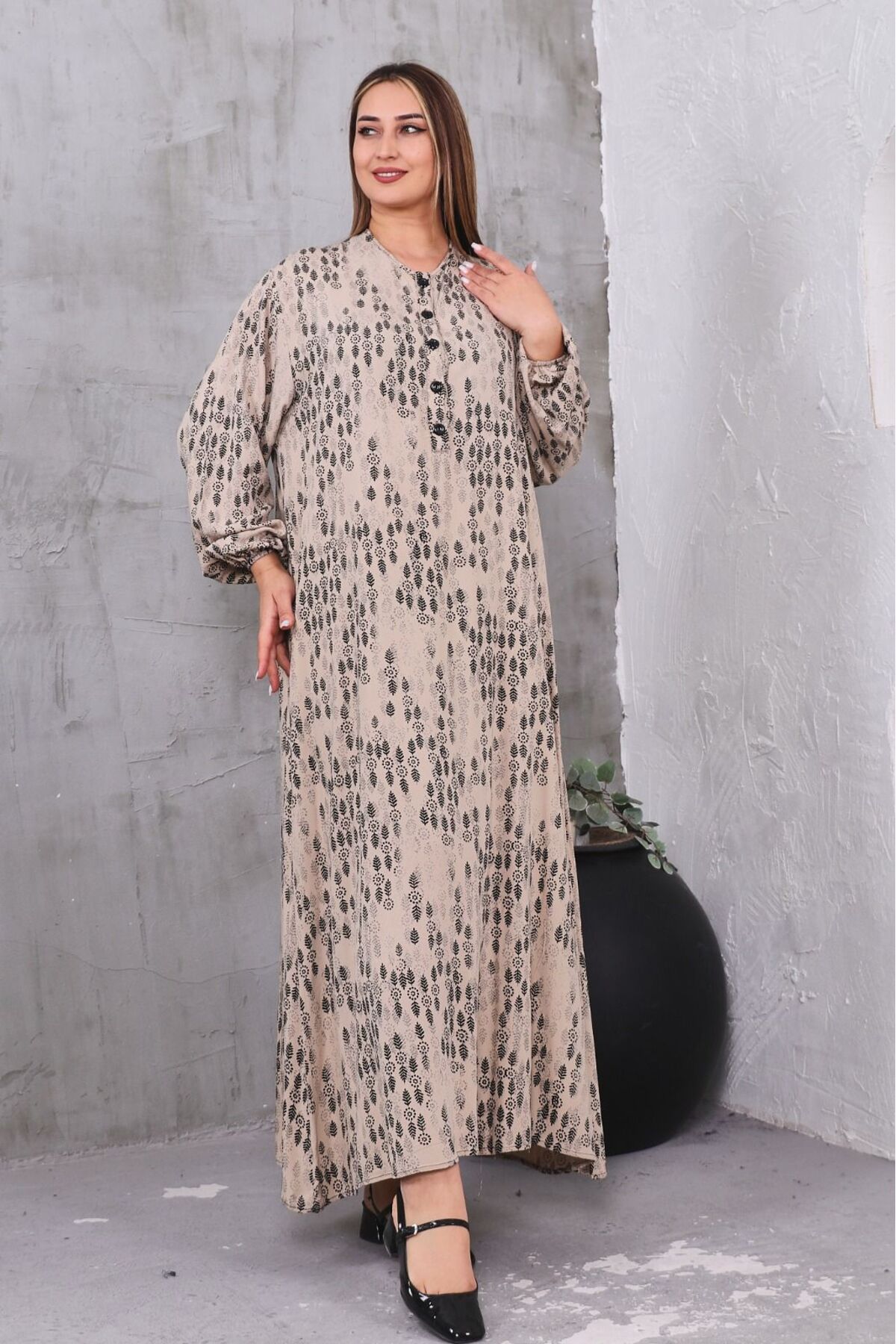 DERA-Plus Size Crewneck Button Long Dress 2