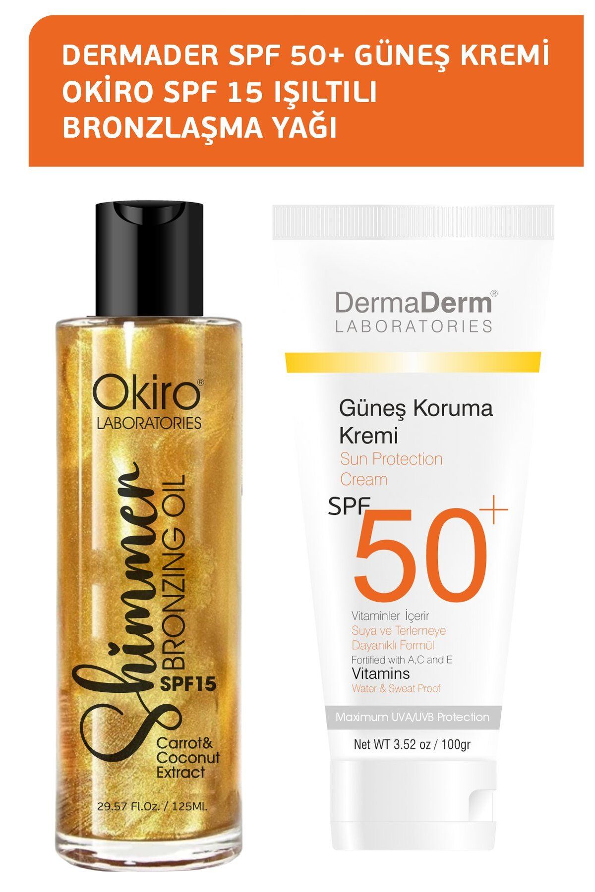 DermaDerm SPF 50+ Güneş Kremi 100ml. ve Okiro Shimmer Işıltılı Bronzlaşma Yağı SPF 20 125ml.