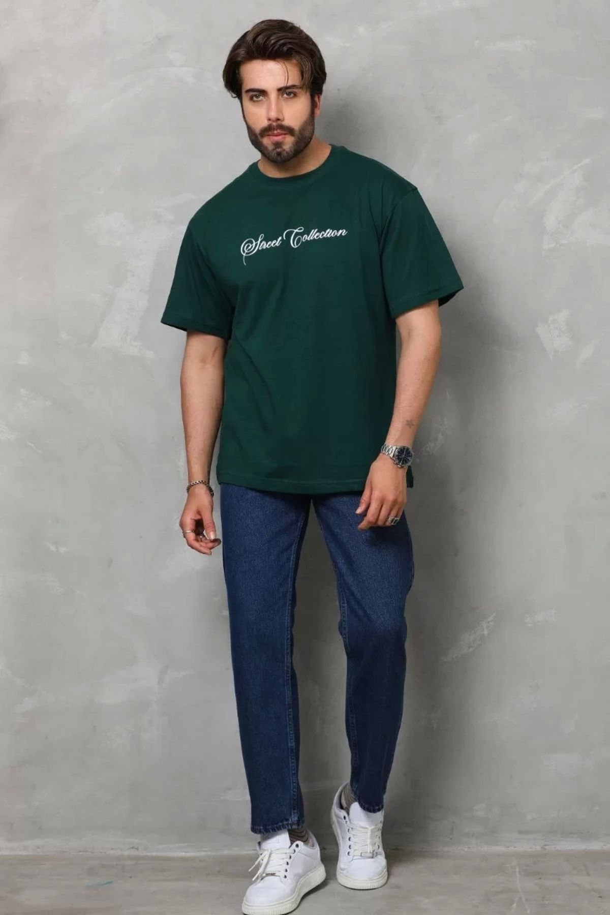 CVS Unisex Bisiklet Yaka Baskılı Oversize T-Shirt - Yeşil