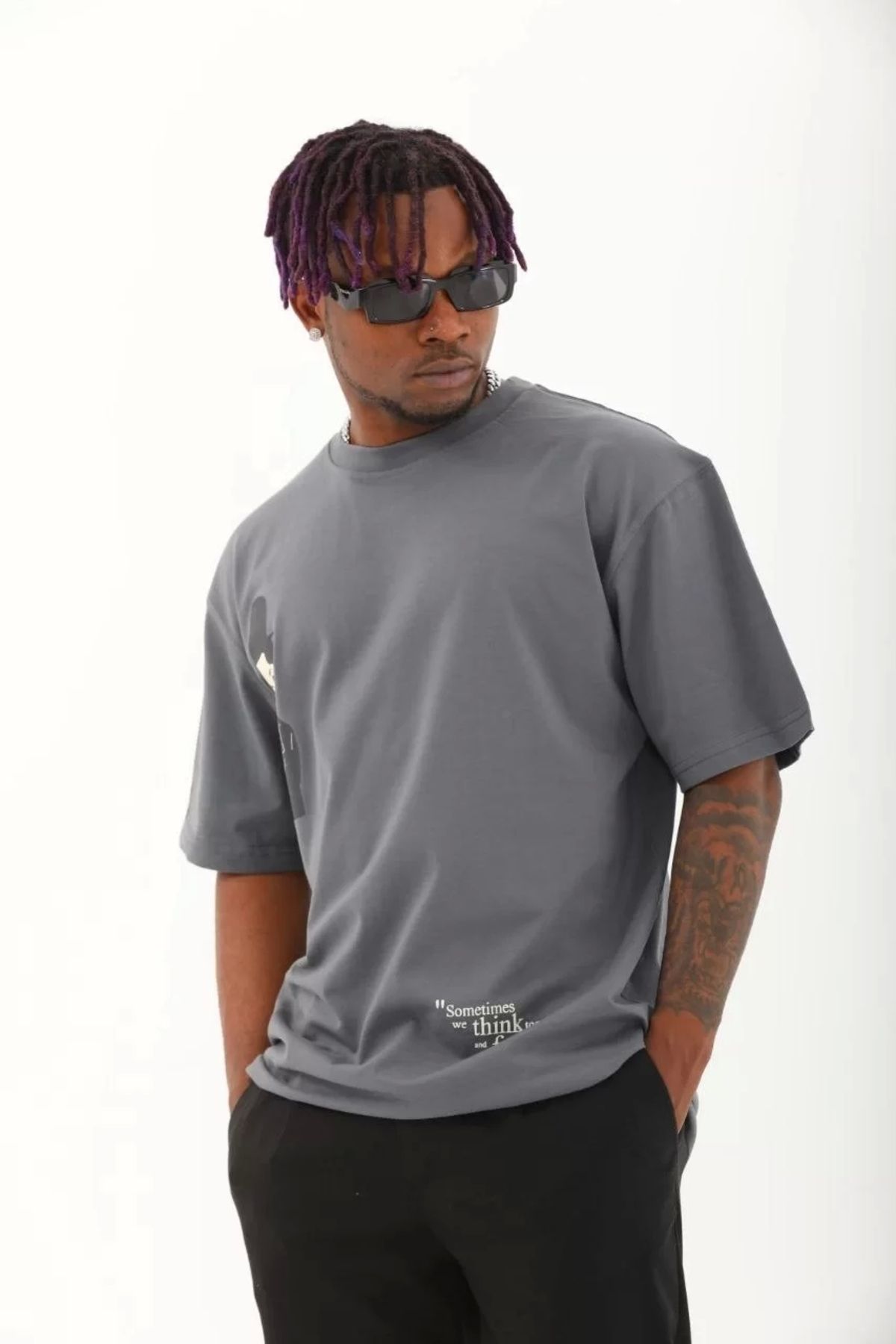 CVS Unisex Oversize Baskılı Bisiklet Yaka T-Shirt - Füme
